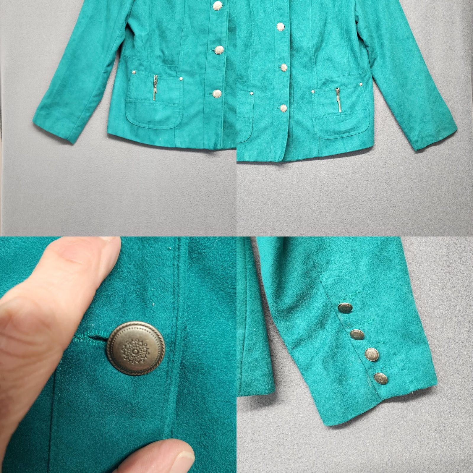 Altea VINTAGE TanJay Jacket Womens 12 Teal Green Faux Suede Button Front Zip Pockets Lined Size XL / US 12-14 / IT 48-50 - 8 Thumbnail