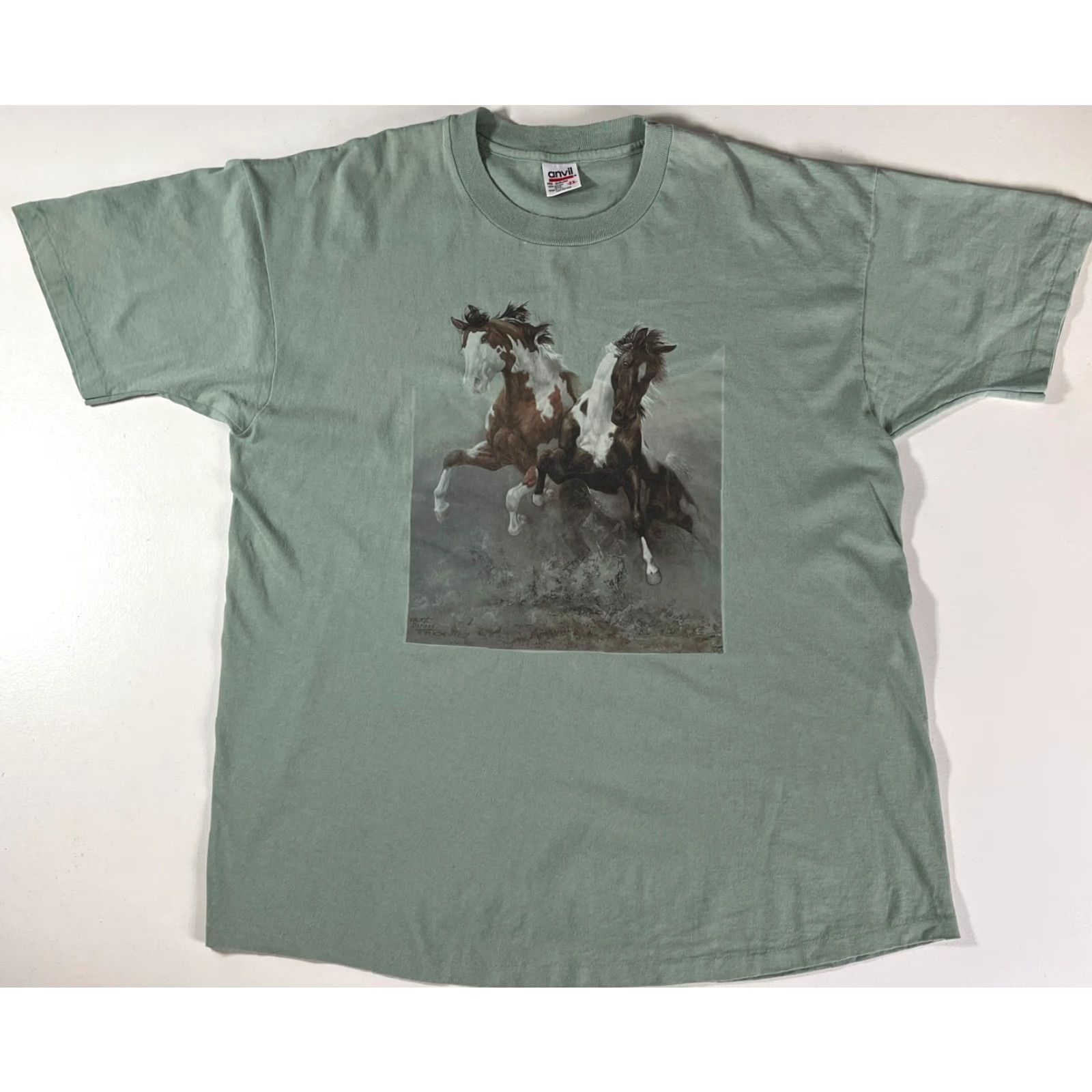 Anvil VINTAGE Anvil T-Shirt Chuck Dehaan Horses Art 2X Green Unisex Adults 80s 1989 Horse Art Cotton Shirt Short Sleeve Crew Neck Made in USA Mens Womens? Size US XXL / EU 58 / 5 - 3 Thumbnail