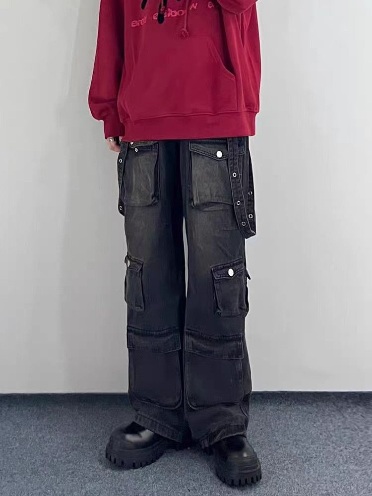 Washed high street multi-pocket straight leg loose jeans