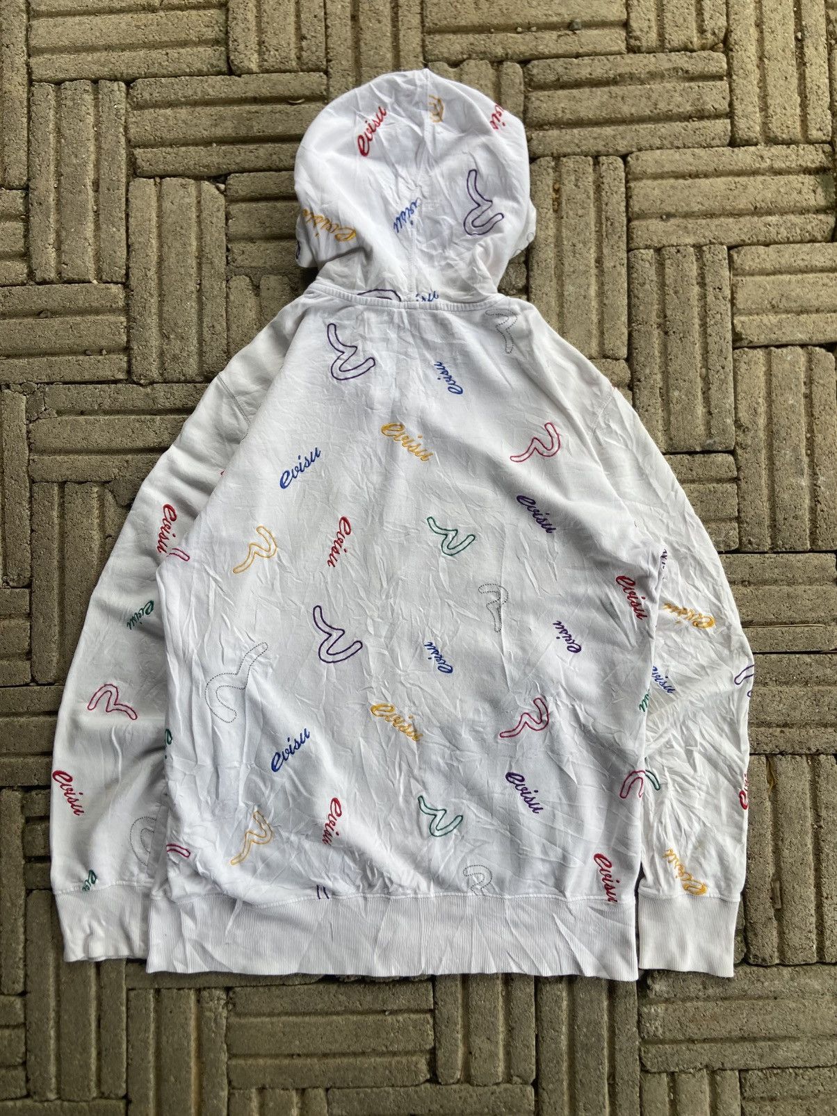 Evisu full-zip hoodie multicolored seagull and logo pattern.