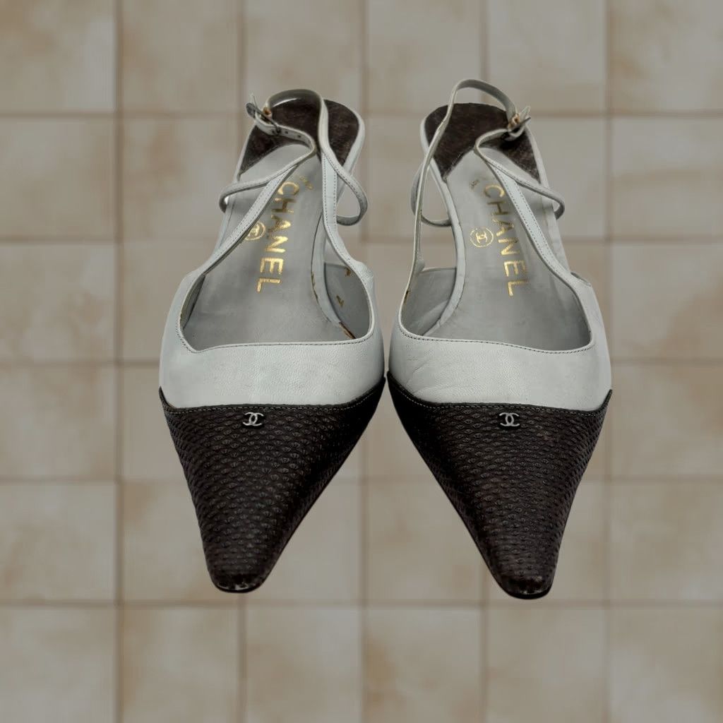 Chanel CHANEL Slingback Womens VTG Logo Leather Slingbacks Point Toe Kitten Heels Women Size US 8 / IT 38 - 1 Thumbnail