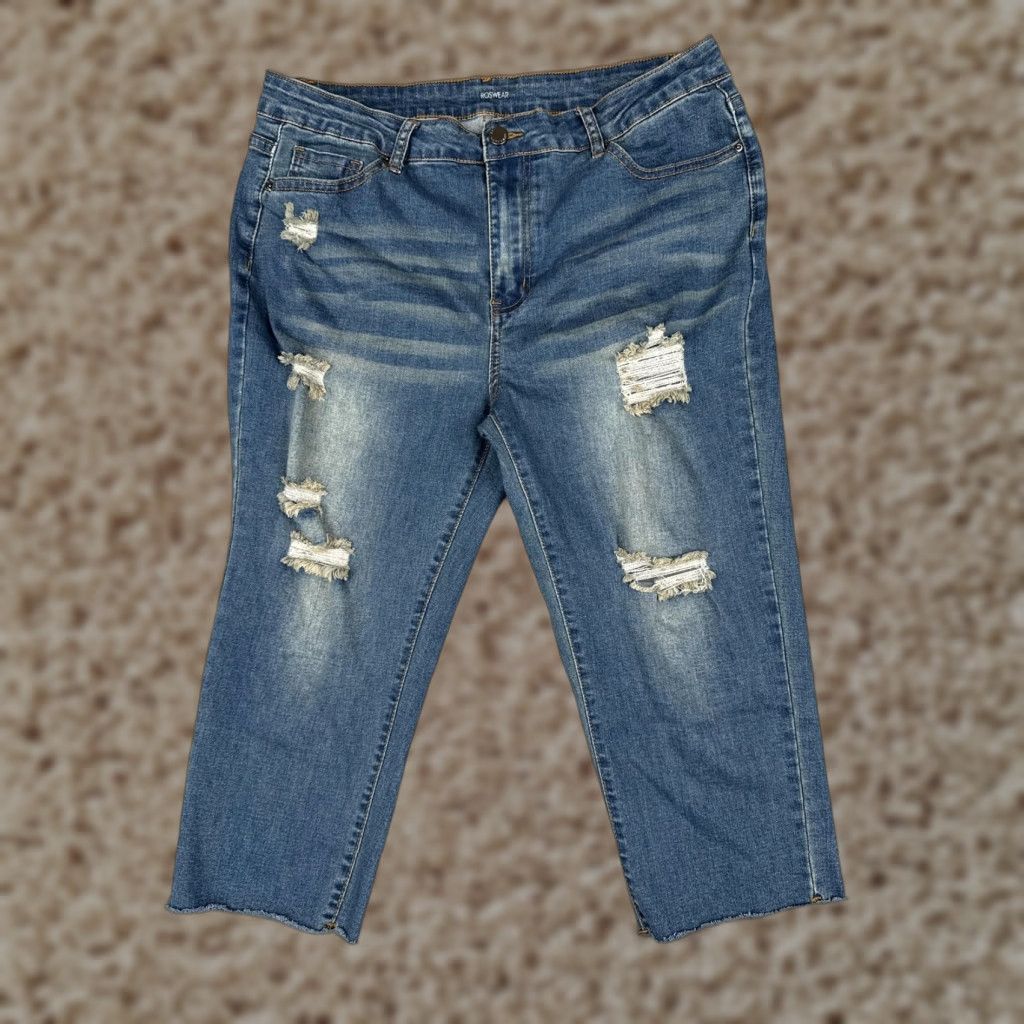 Vintage ROSWEAR Jeans Womens XL Blue Medium Wash High Rise Crop Distressed Stretch 34x19 Size 40" / US 18 - 1 Thumbnail