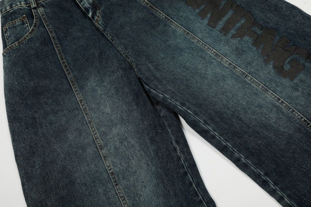 Jean Retro men's letter print loose punk washed jeans Size US 34 / EU 50 - 4 Thumbnail