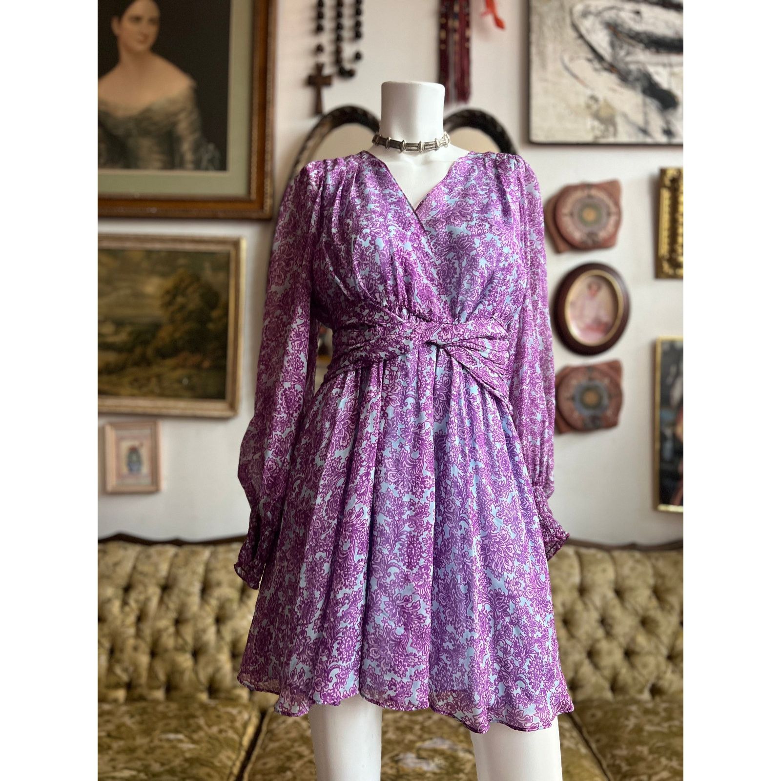 Amur AMUR Dress Purple/Blue Silk Chiffon Floral Dress Size 4 Size S / US 4 / IT 40 - 4 Thumbnail