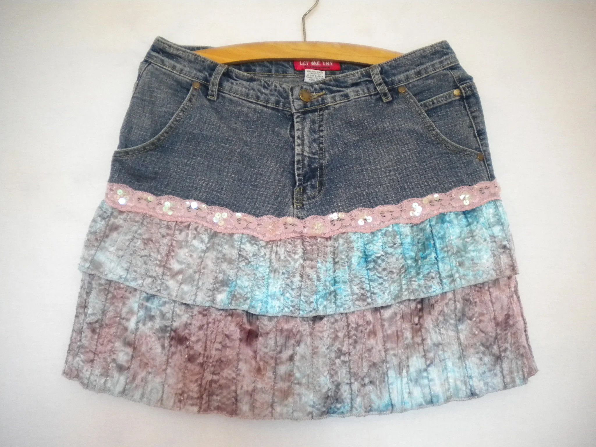 Other Vintage denim hippie jean mini skirt Y2K ruffle lace sequins Size 27" / US 4 / IT 40 - 3 Thumbnail