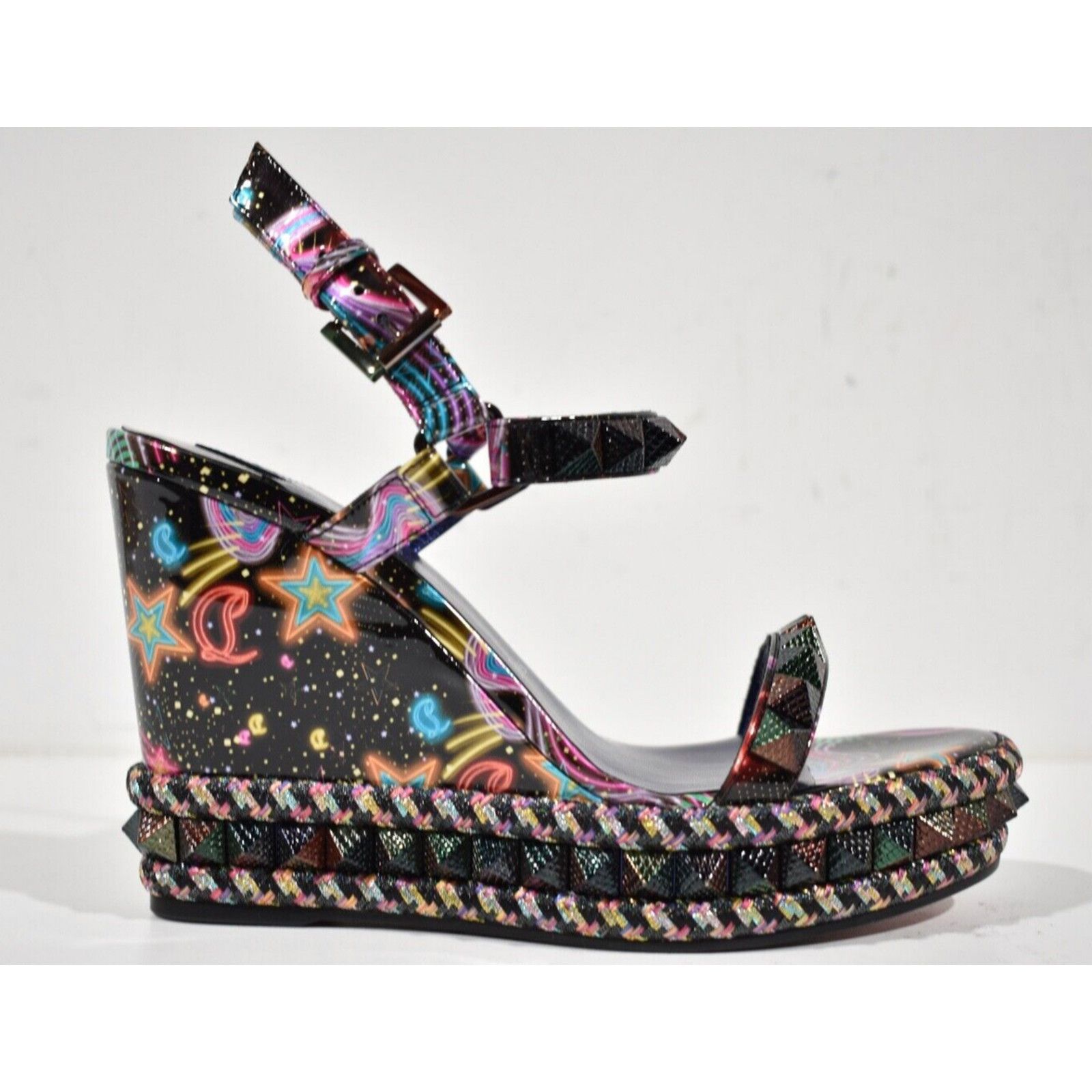Christian Louboutin Pyraclou 110 Black Starlight Platform Wedge Sandal Heel 38 Size US 8 / IT 38 - 2 Thumbnail