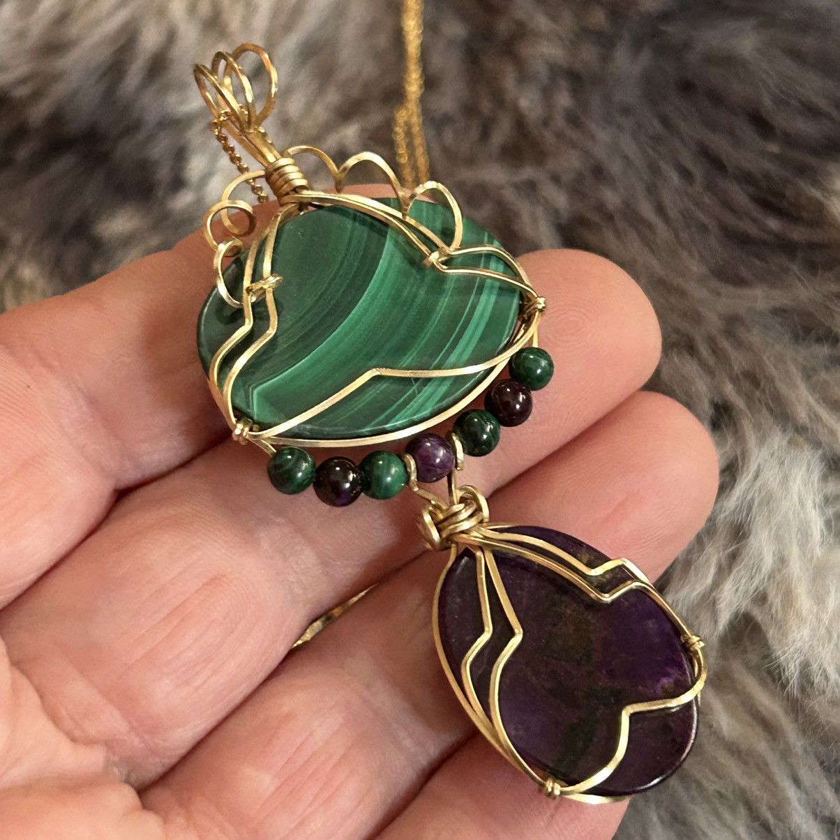 Handmade Hand crafted genuine stone amethyst malachite necklace Size ONE SIZE - 2 Thumbnail
