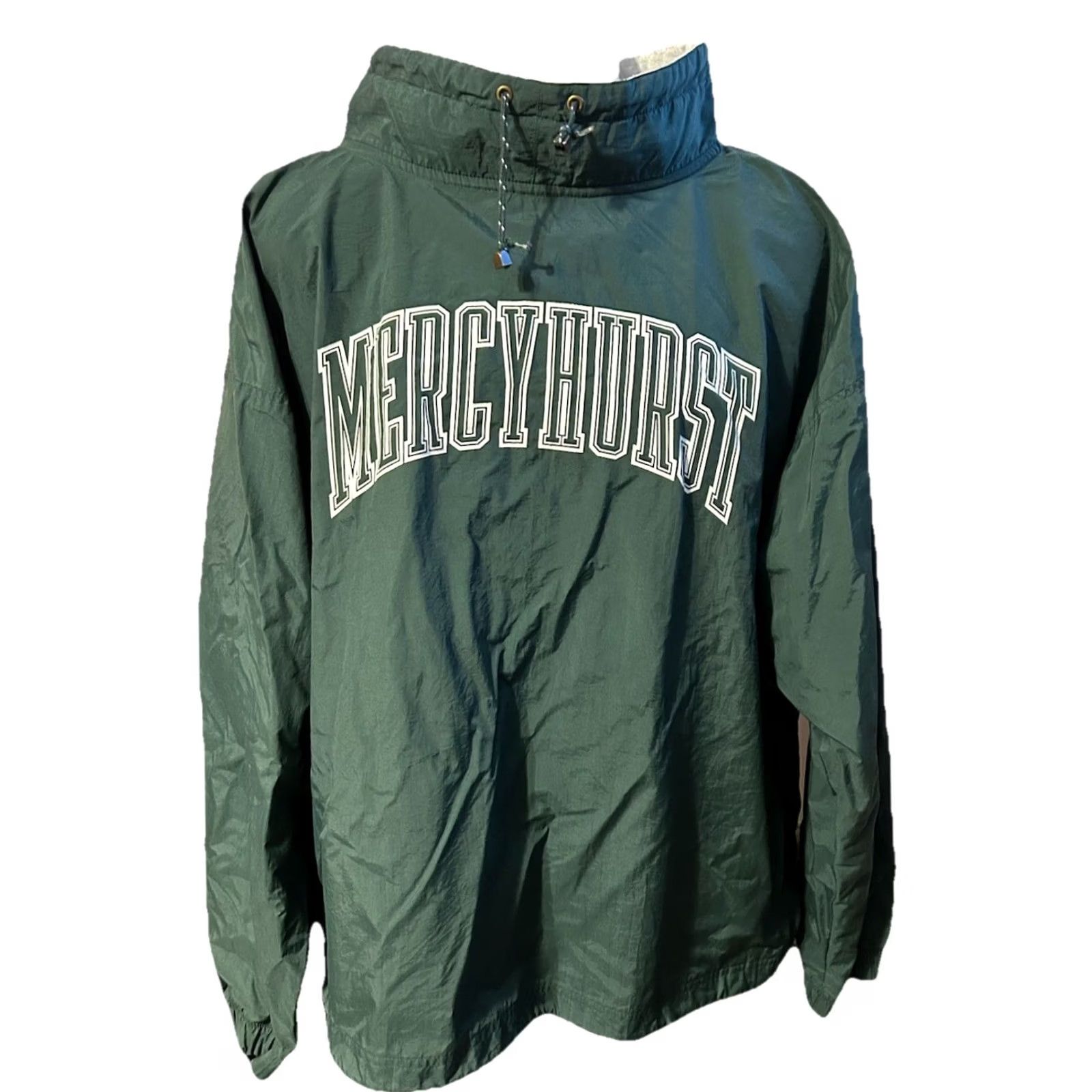 Vintage VTG Mercyhurst University Pullover Windbreaker Unisex Adults 2XL Green Mock Neck Nylon Jacket Mid-Length Solid Centered Chest 64 In Classic Fit Size US XXL / EU 58 / 5 - 2 Thumbnail