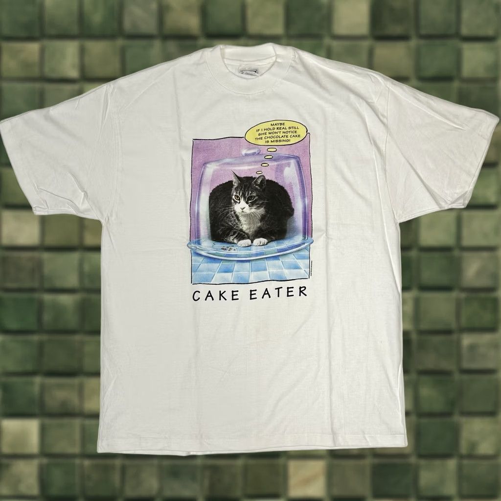 Hanes VINTAGE Richard Watherwax Cat Graphic Cake Eater Funny Cat Tee XL Humor Artist White Hanes Mens 90s Size US XL / EU 56 / 4 - 1 Thumbnail