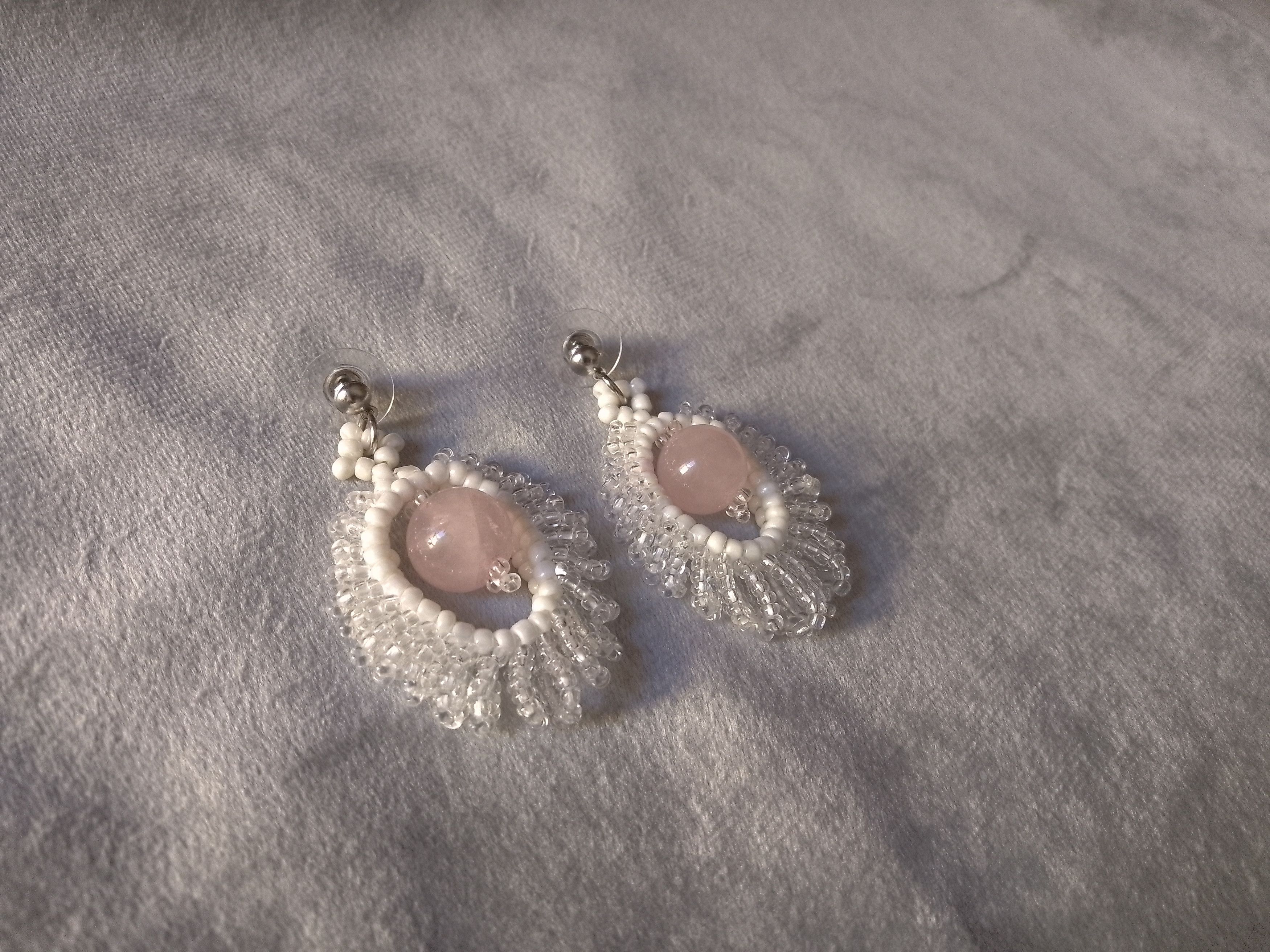 Handmade Earrings. Rose quartz. Glass beads. Circle shape. Elegant Size ONE SIZE - 3 Thumbnail
