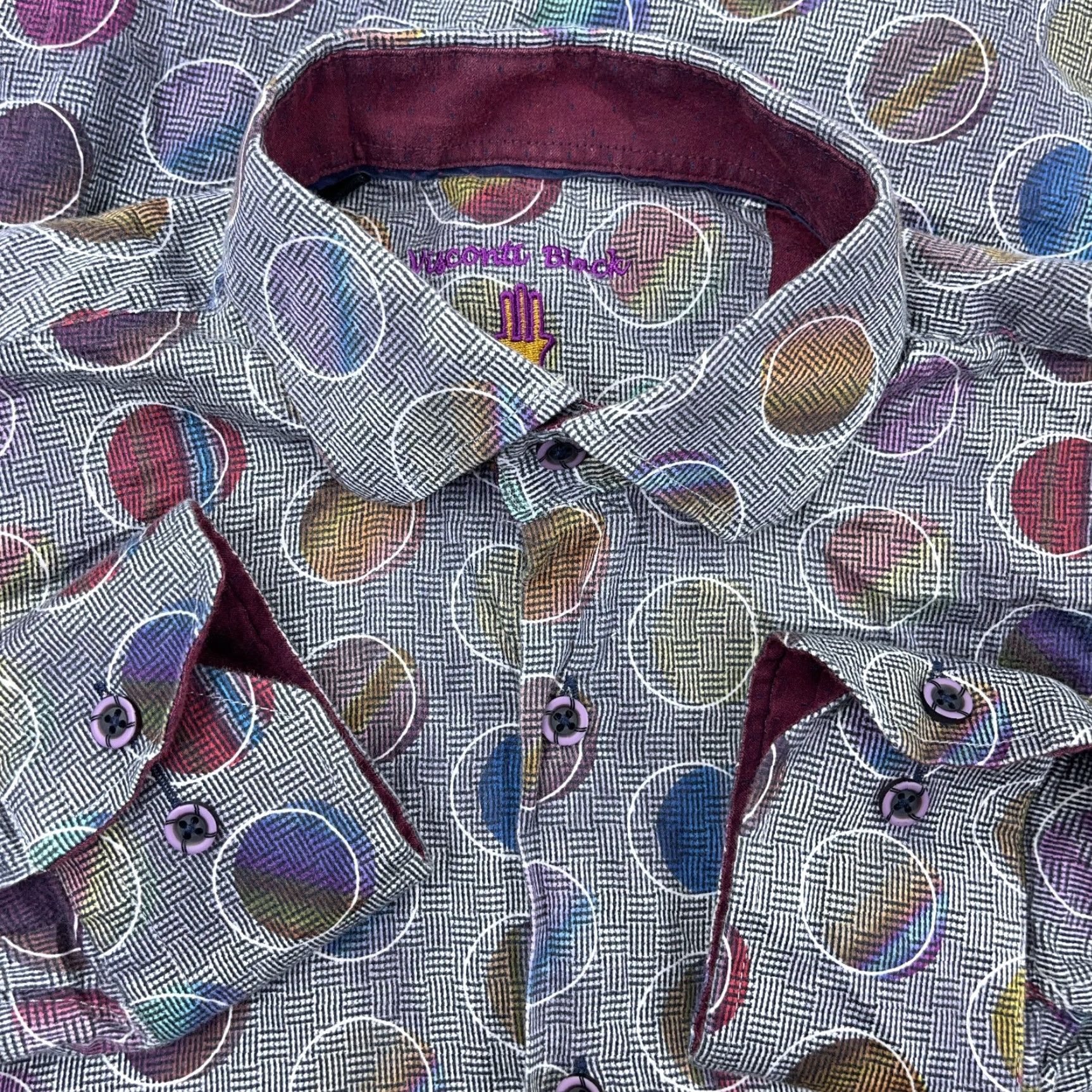 Vintage Visconti Black Shirt Men Medium Gray Purple Button Up Spotted Geometric Disco Size US M / EU 48-50 / 2 - 2 Thumbnail