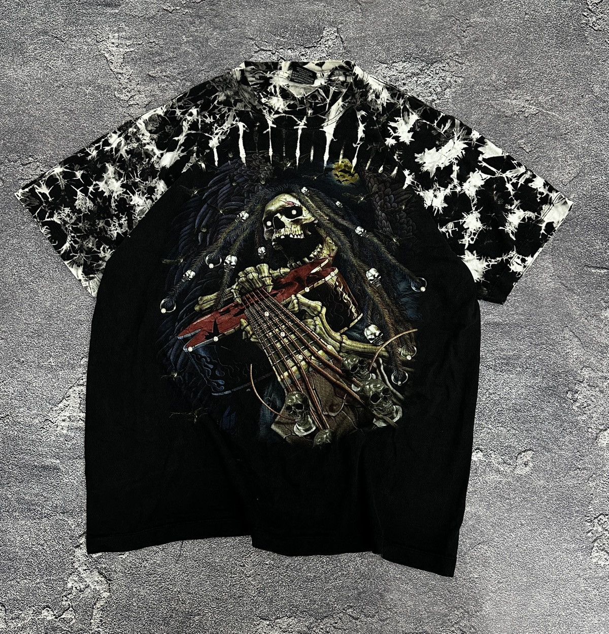 Vintage Vintage 90s Gream Reaper Skeleton Rock T-Shirt Tie-Dye Size US XL / EU 56 / 4 - 1 Thumbnail