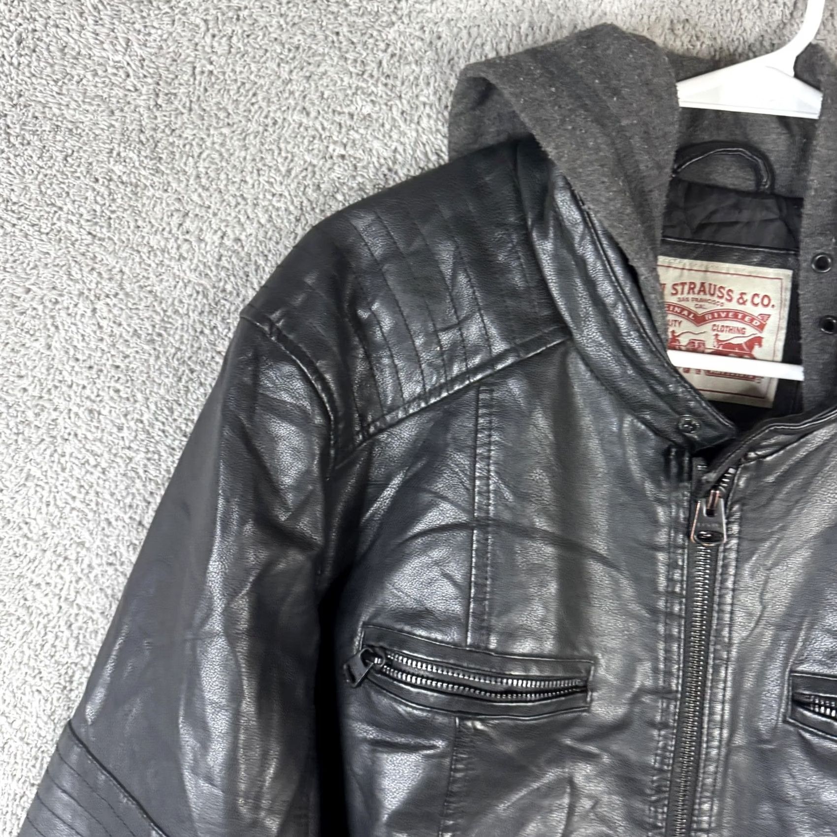 Levi's Levi's Jacket Mens Large Black Faux Leather Hooded Moto Full Zip Quilted Lined Size US L / EU 52-54 / 3 - 5 Thumbnail