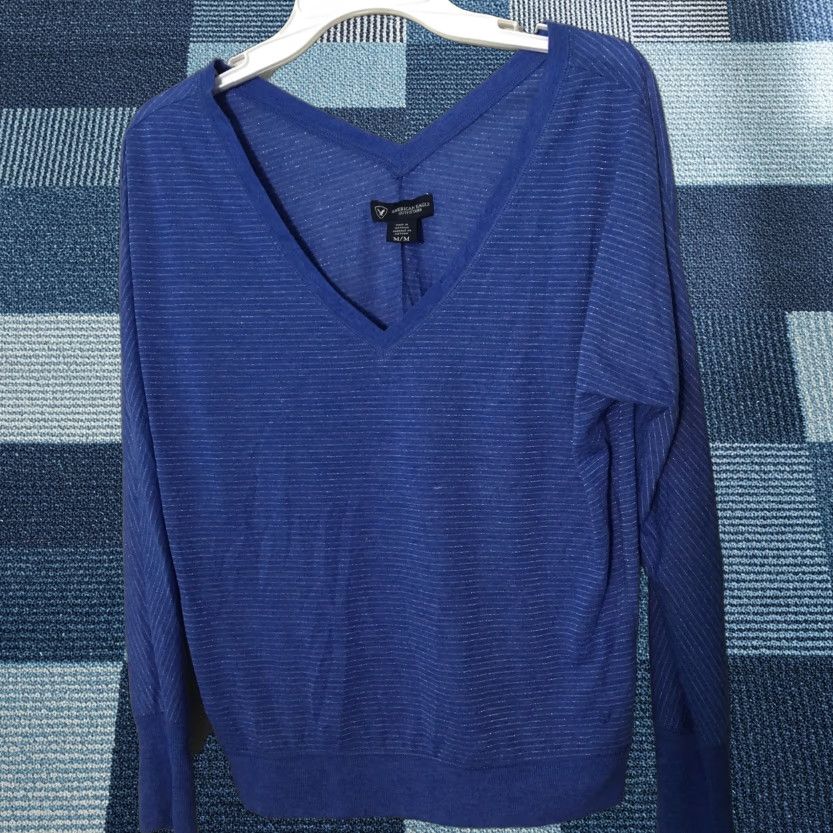American Eagle Outfitters American Eagle Outfitters Blouse Shirt V-Neck Long Sleeve Striped Blue Glitter Silver Thread M Adults Womens Size M / US 6-8 / IT 42-44 - 1 Thumbnail