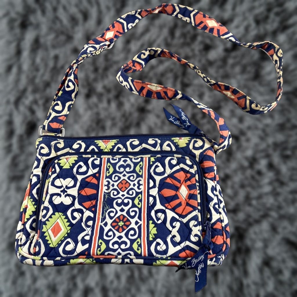 Vera Bradley Vera Bradley Sun Valley Tablet Hipster Crossbody Purse Navy Orange White Geometric Aztec Quilted Exterior Medium Women Crossbody Bag Size ONE SIZE - 1 Thumbnail