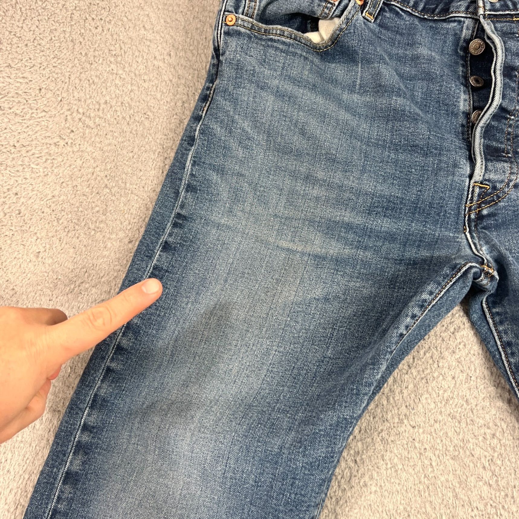 Levi's Levis 501 Jeans Mens 36x30 Blue Straight Button Fly Mid Rise Distressed Med Wash Regular 5-Pocket Denim Cotton Levi's 501 Series Jeans Mens Blue Size US 36 / EU 52 - 5 Thumbnail