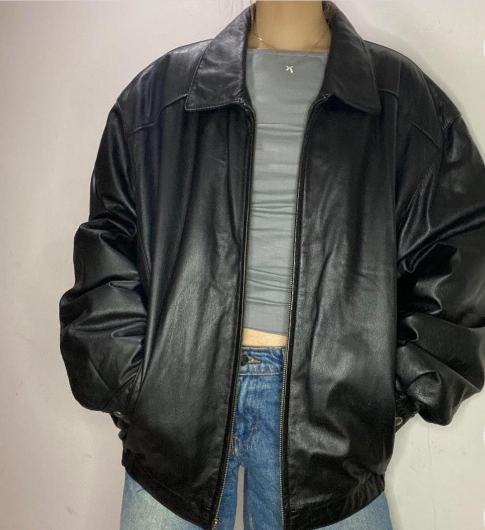 image of Vintage Black Leather Jacket Real Leather Oversized Bomber, Men's (Size Large)