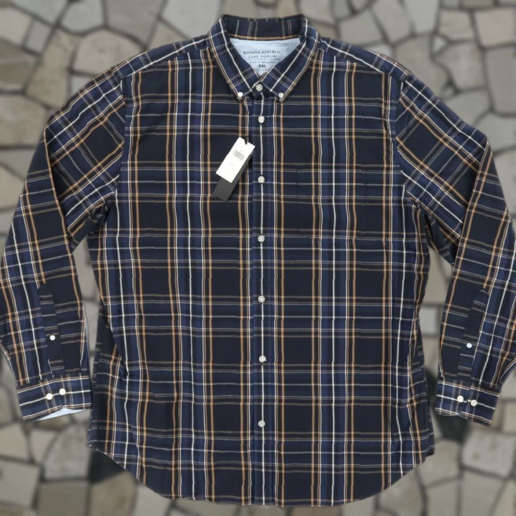 Banana Republic Banana Republic Shirt Navy Blue Plaid Luxe Poplin Slim Button Down Shirt Men's 2XL Size US XXL / EU 58 / 5 - 1 Thumbnail