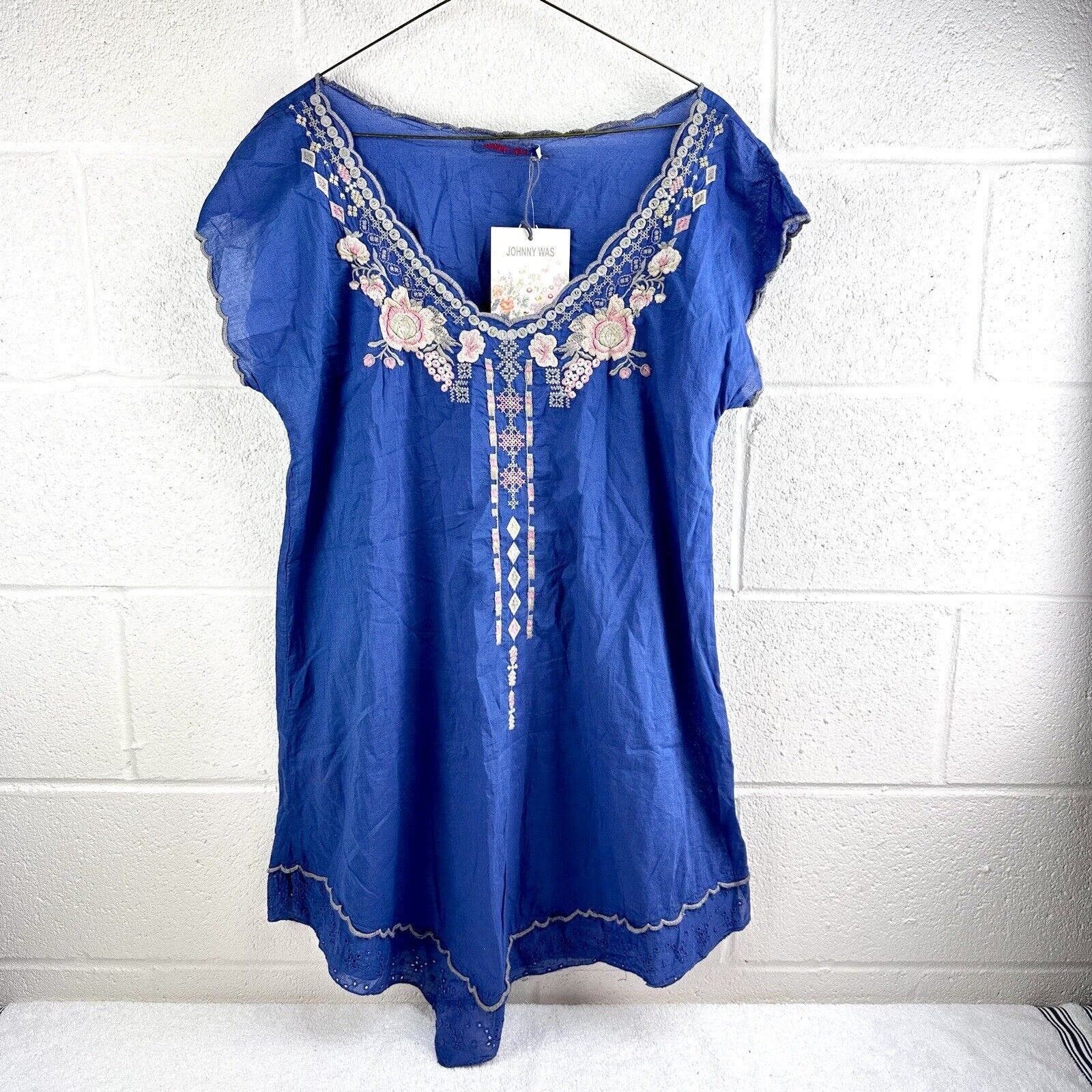 image of Johnny Was Tunic Blue Embroidery Blouse Embroidered Size S Nwt, Women's