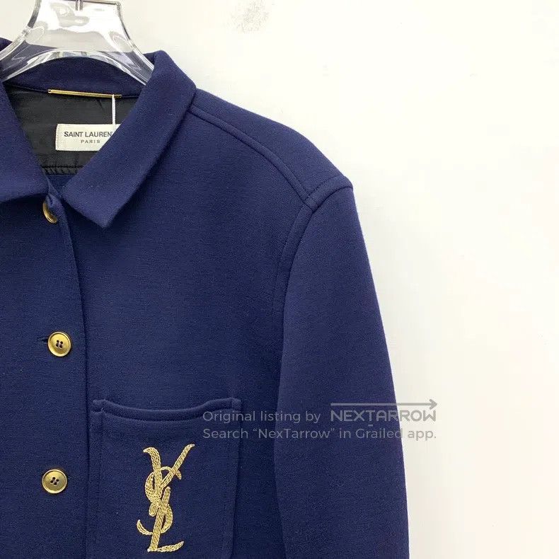 Saint Laurent Paris Saint Laurent Paris Navy Blue Logo Embroidered Wool Lapel Size US M / EU 48-50 / 2 - 3 Thumbnail