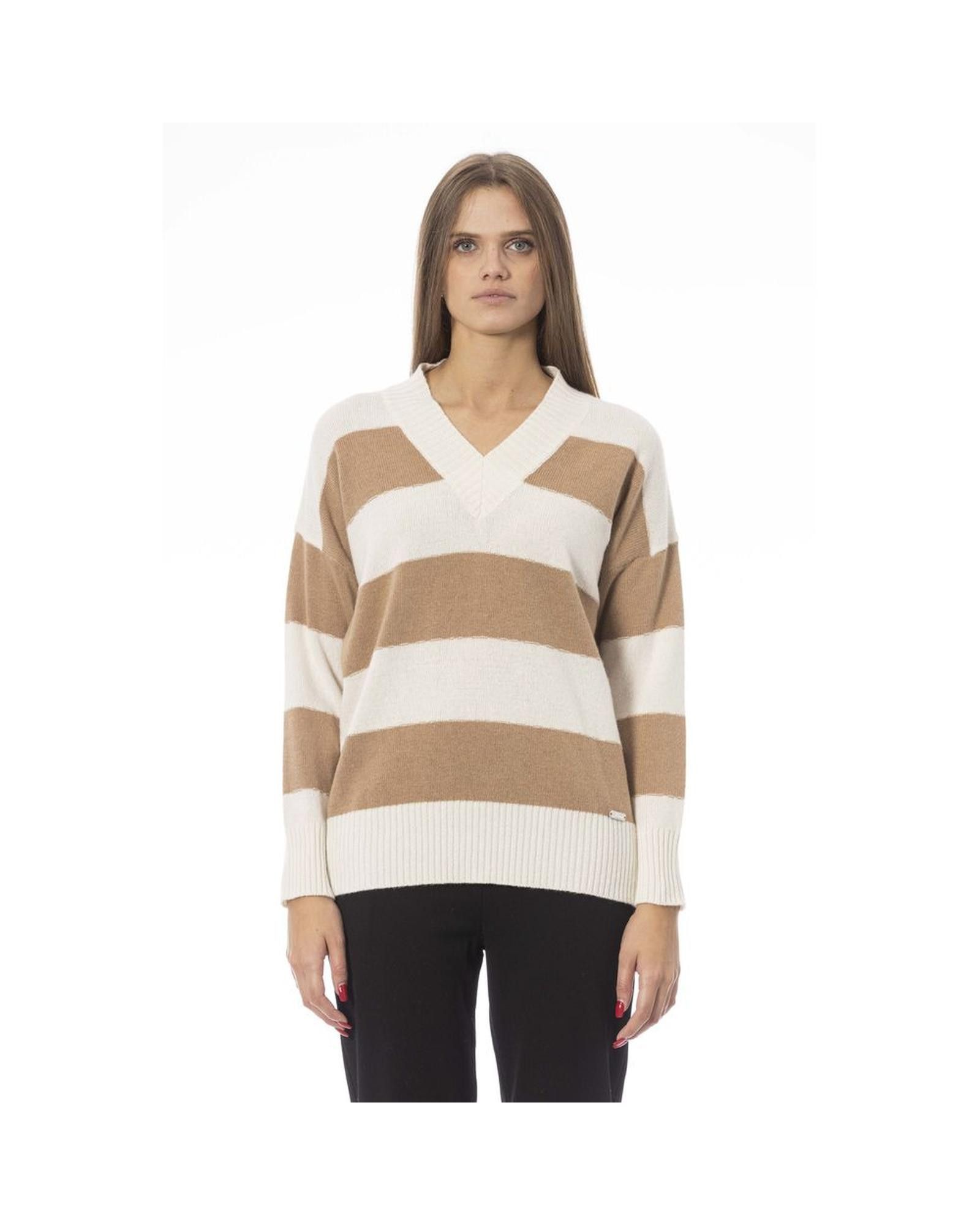 image of Baldinini Wool V-Neck Sweater With Ribbed Details in Beige, Women's (Size XS)