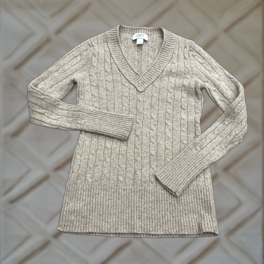 Loft LOFT Sweater Womens Petites PS Brown Pullover Cable-Knit V-Neck Knit Cotton Blend Long Sleeve Solid Womens Size S / US 4 / IT 40 - 1 Thumbnail