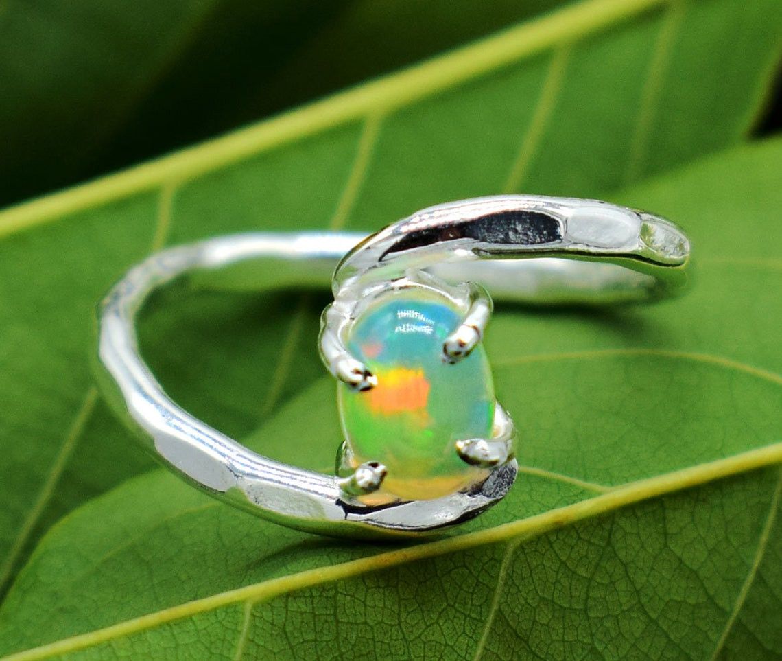 Handmade Handmade 925k Silver Natural Ethiopian Opal Gemstone Ring Size ONE SIZE - 3 Thumbnail