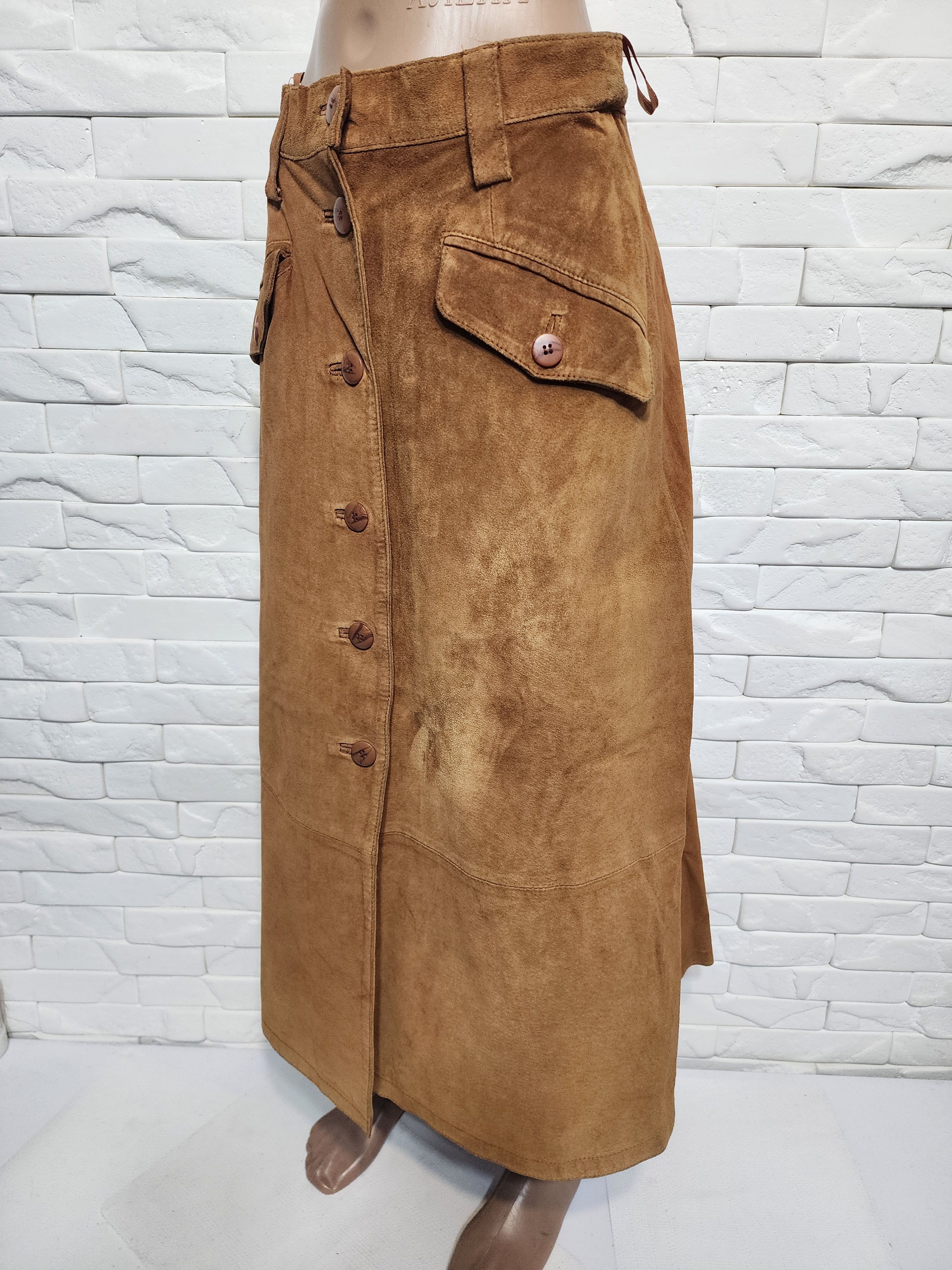 Other Brown Suede Leather Skirt, Plastic Buttons Fasteners Size 28" / US 6 / IT 42 - 2 Thumbnail