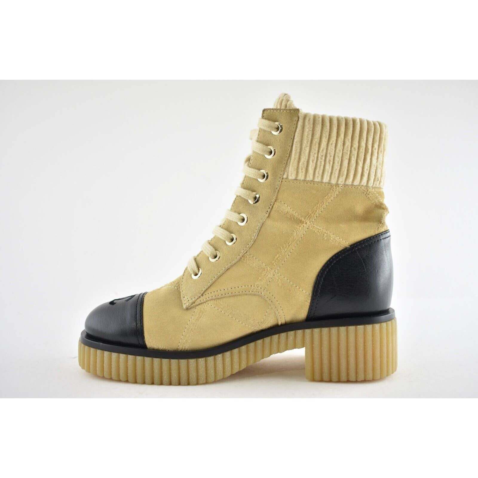 Chanel Chanel 20B Beige Black Quilted CC Platform Combat Lace Up Size US 5 / IT 35 - 7 Thumbnail