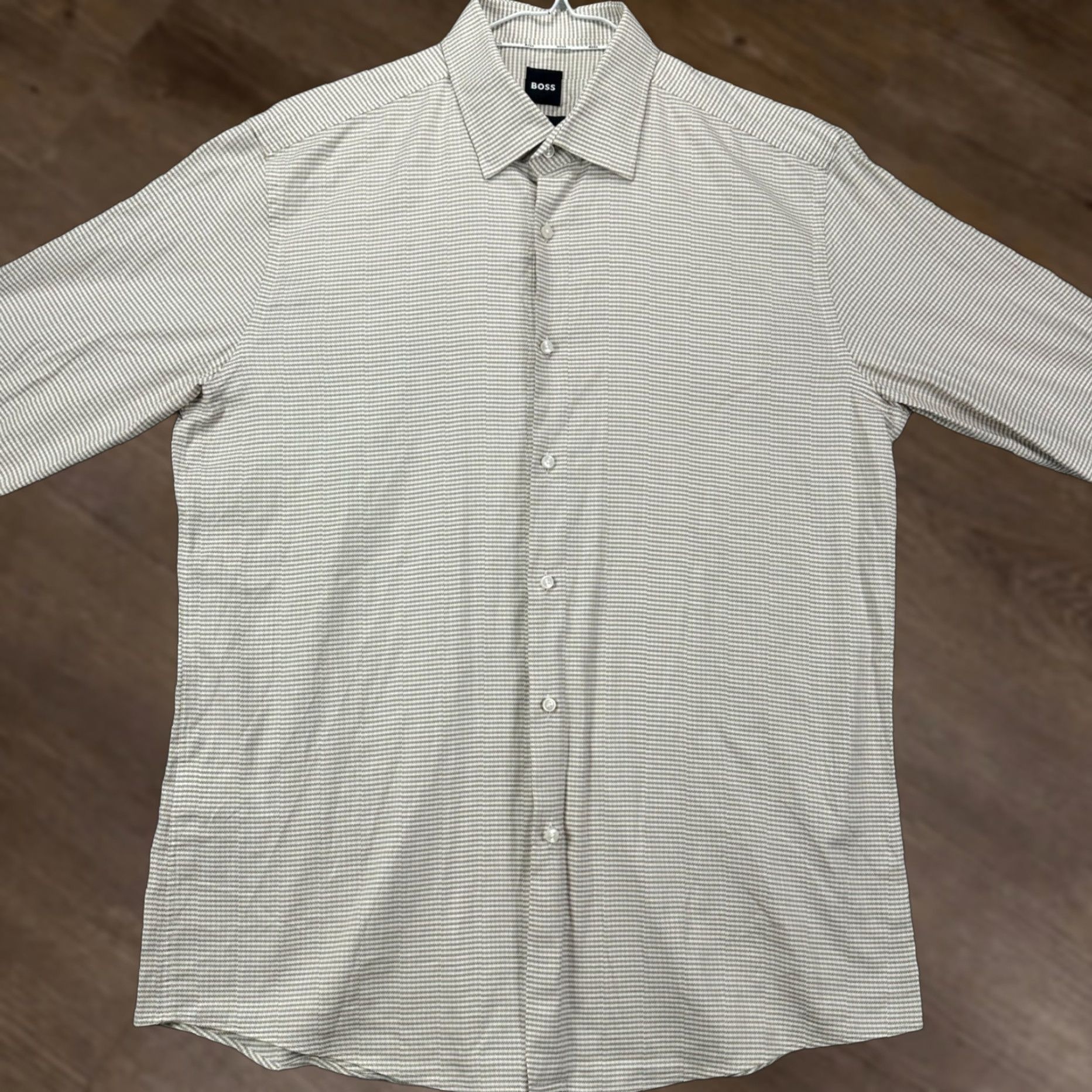 Hugo Boss Hugo Boss Mens Tan White Micro Stripe Long Sleeve Button Down Shirt M Size US M / EU 48-50 / 2 - 1 Thumbnail