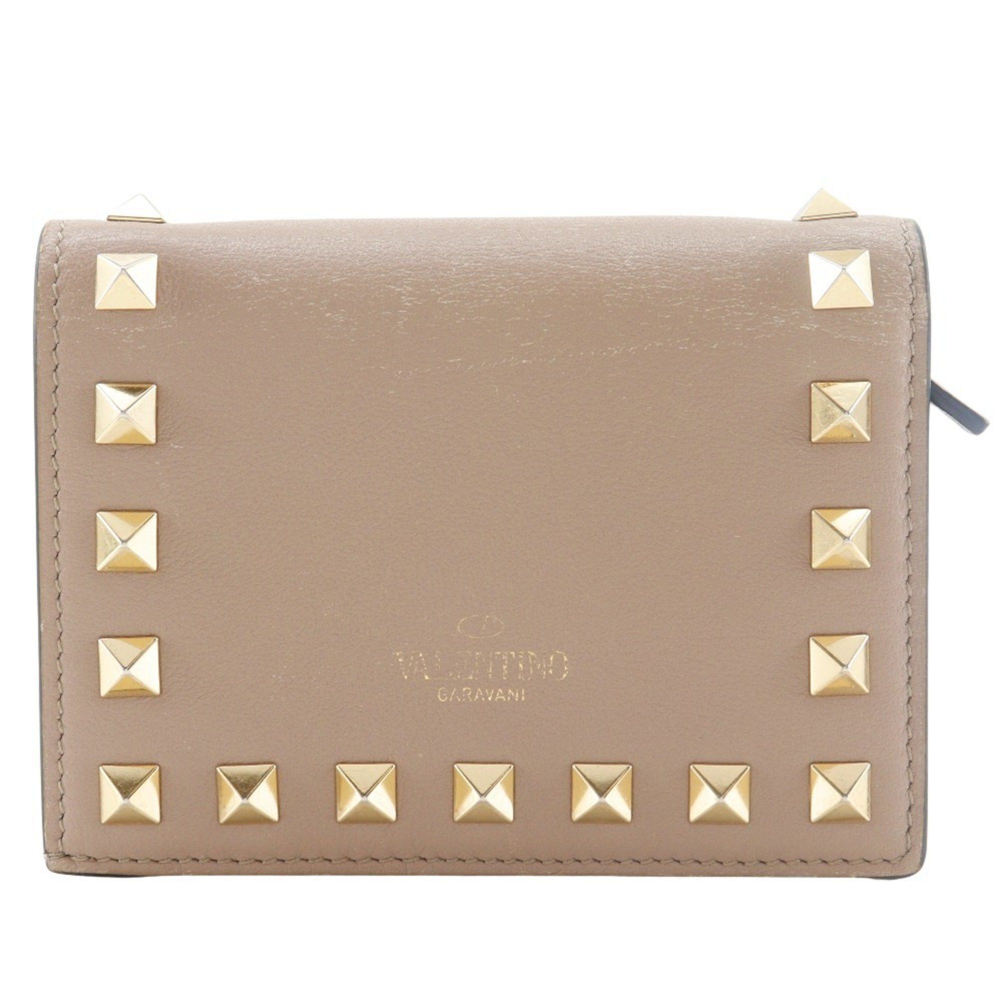 Valentino Valentino Garavani Rockstud Small Wallet, Bifold WW2P0P39BOL, Beige Calfskin with Snap Buttons, Women's Size ONE SIZE - 1 Thumbnail