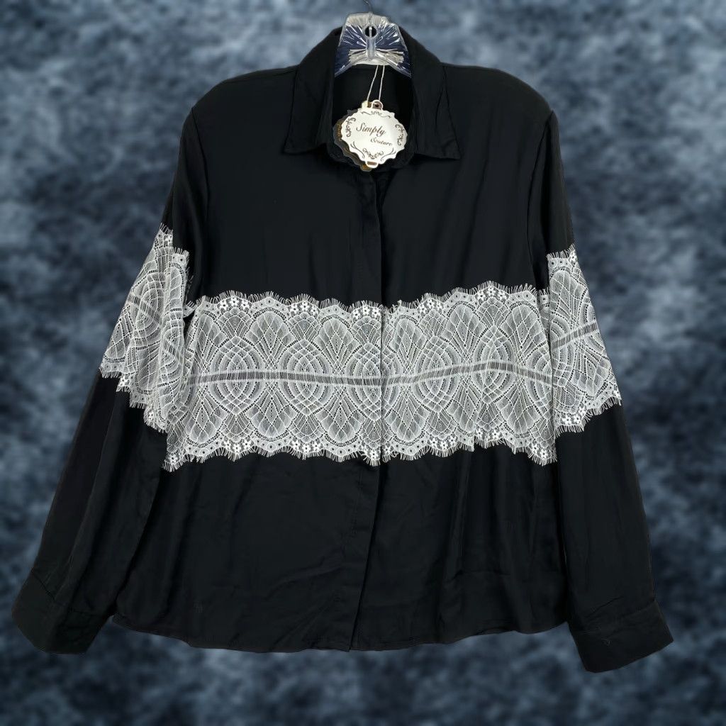 Vintage Simply Couture Button-Up Top Womens S Black Lace Long Sleeve Lightweight Collared Shirt Size S / US 4 / IT 40 - 1 Thumbnail