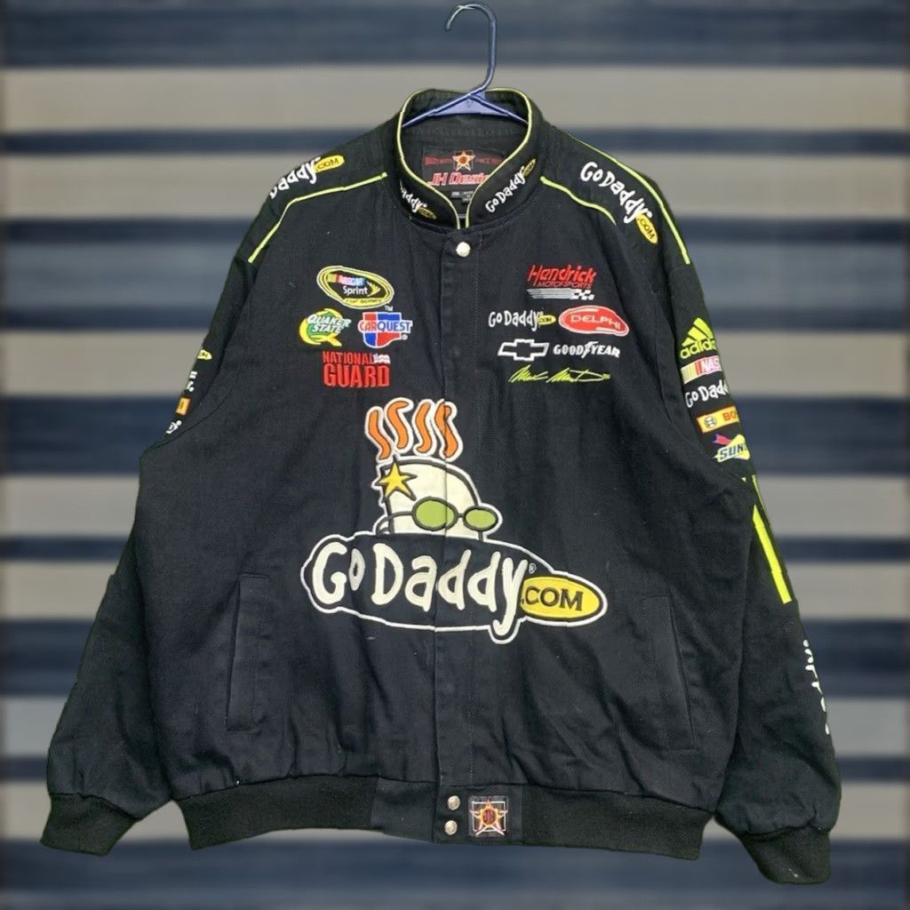 VINTAGE Jeff Hamilton NASCAR Jacket Mens 2XL Bomber Jacket Black Canvas Cotton Full Zip
