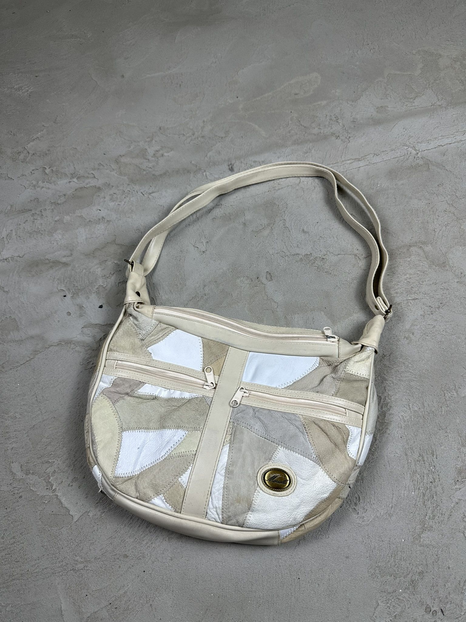 Hype x Vintage Y2K Leather Patch Patchwork Shoulder Bag in Beige, Women's