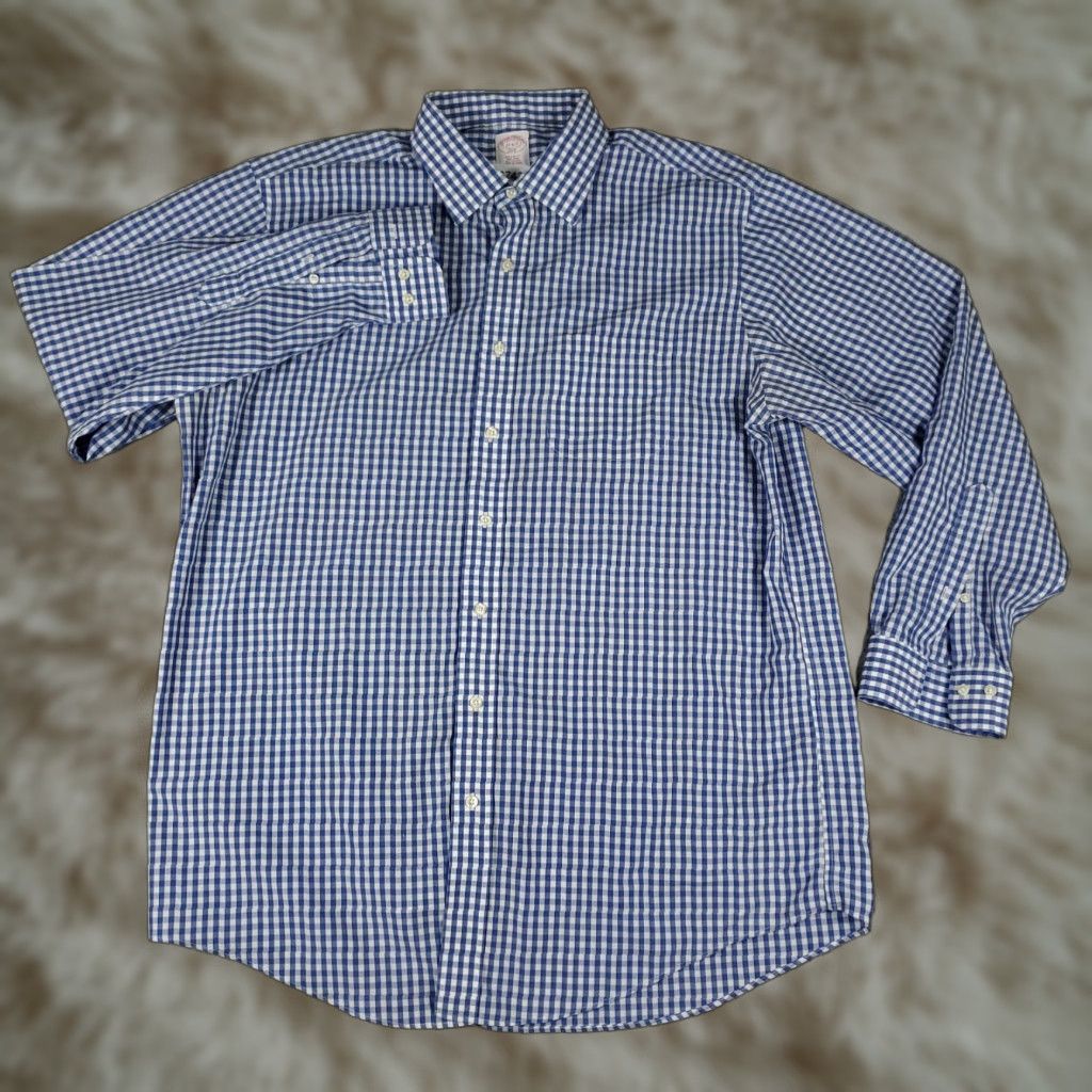 Brooks Brothers Brooks Brothers Shirt Mens 17 Blue Check Dress Button Up Long Sleeve Regular 100% Cotton Pride Wedding Business Casual Formal Workwear Mens Size 46R - 1 Thumbnail