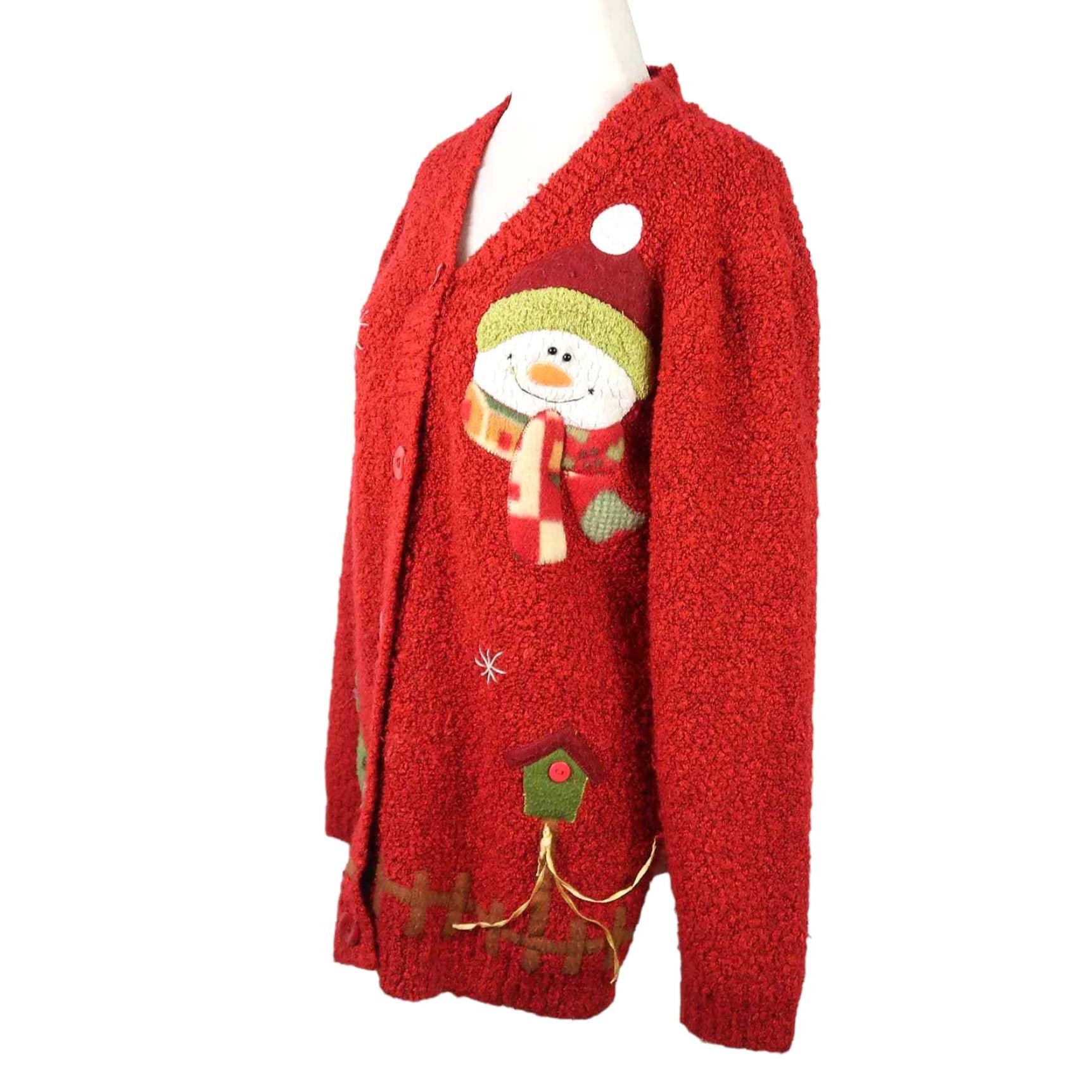 Vintage VINTAGE 90s Cardigan Sweater Red Chenille Knit Snowman Christmas Tree Santa Claus Applique Long Sleeve Women's M Size Size M / US 6-8 / IT 42-44 - 4 Thumbnail