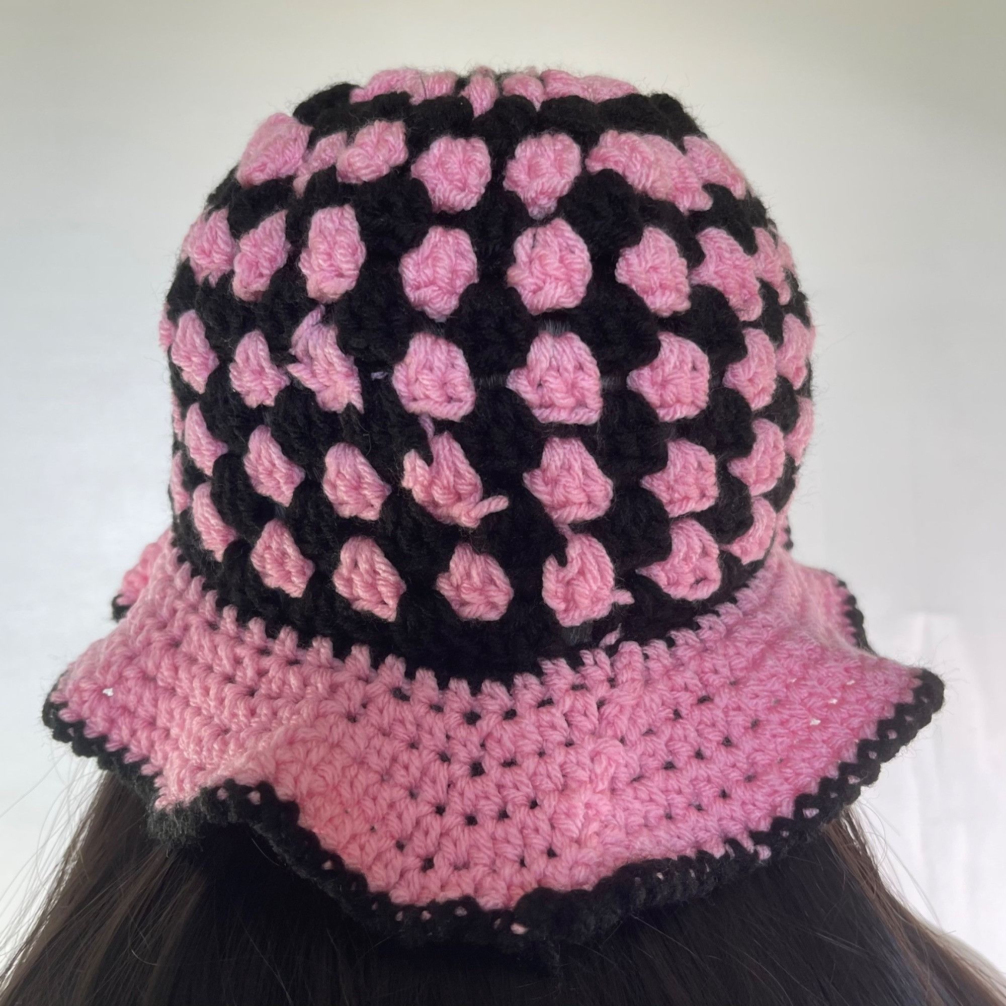 Handmade Crochet Bucket Hat Granny Square Pattern Pink and Black Adul Size ONE SIZE - 4 Thumbnail