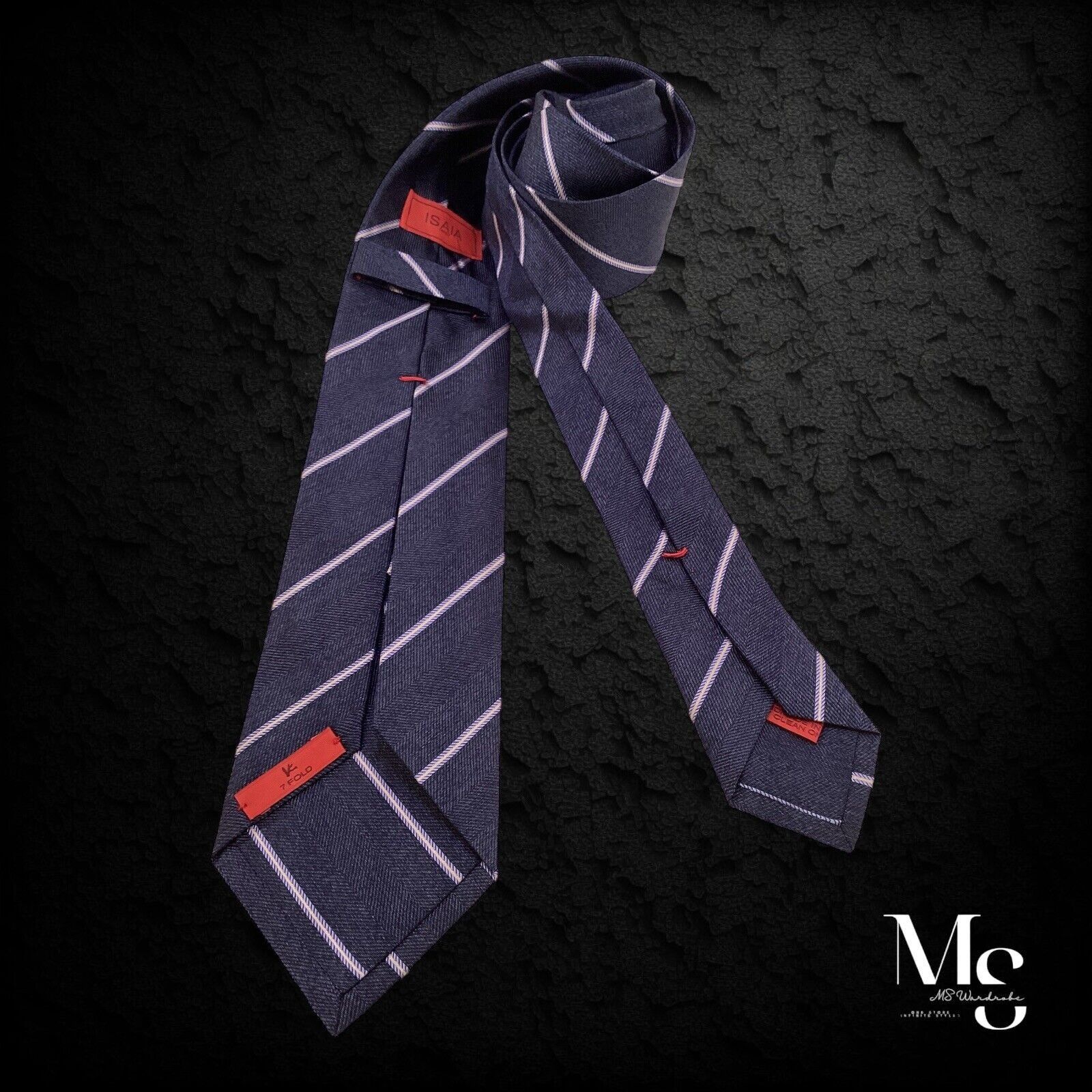 Isaia ISAIA NAPOLI 7 FOLD Navy Striped Silk Tie Hand Made In Italy Size ONE SIZE - 1 Thumbnail