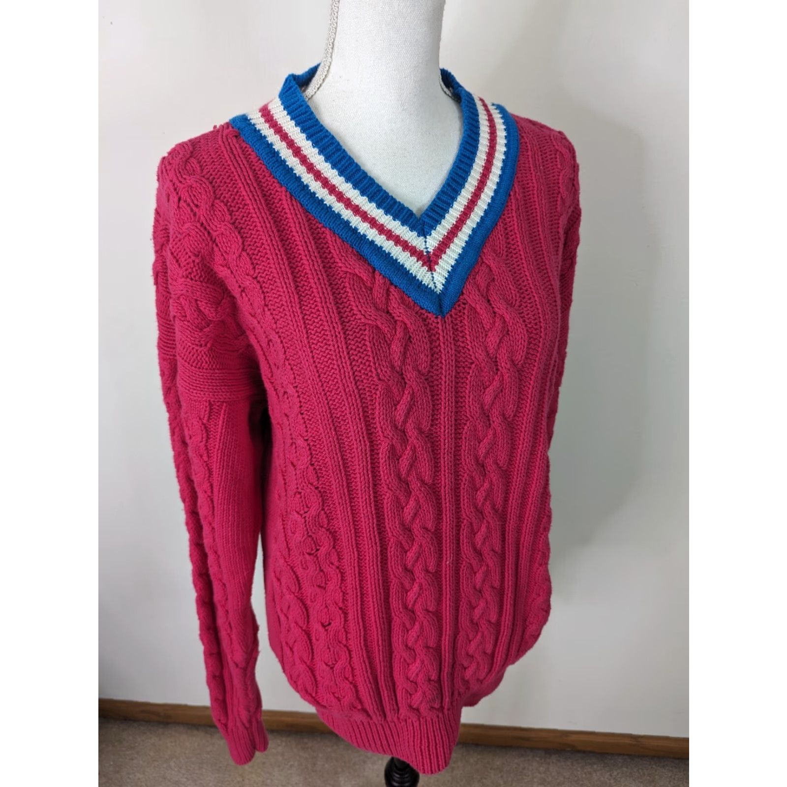 Nautica VINTAGE Pink Cable-Knit V Neck Nautical Sweater Women's Medium Cotton S12 Pullover Knit Size M / US 6-8 / IT 42-44 - 2 Thumbnail