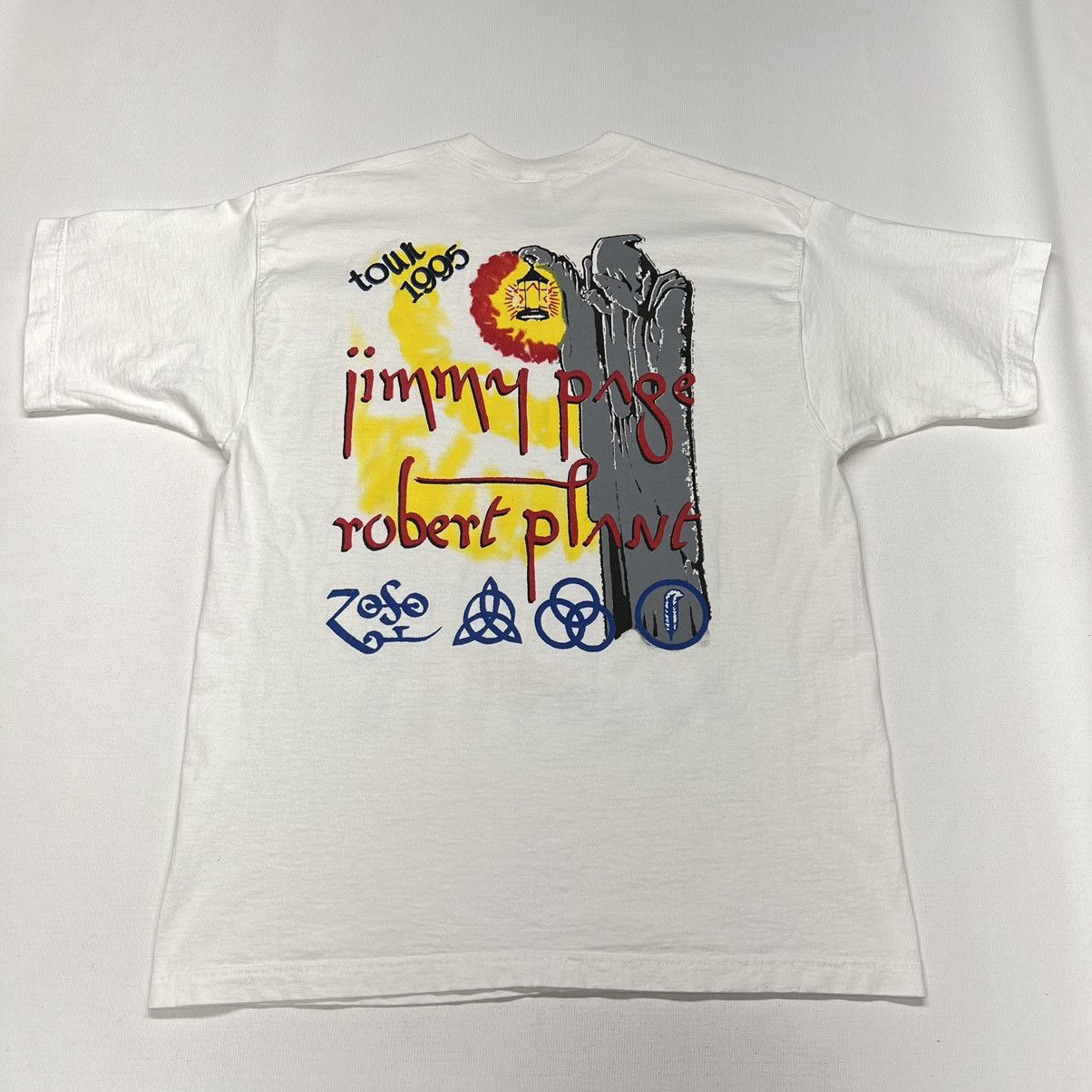 Band Tees × Vintage VTG Jimmy Page Robert Plant Tee Shirt White Tour Unledded Size US L / EU 52-54 / 3 - 1 Thumbnail