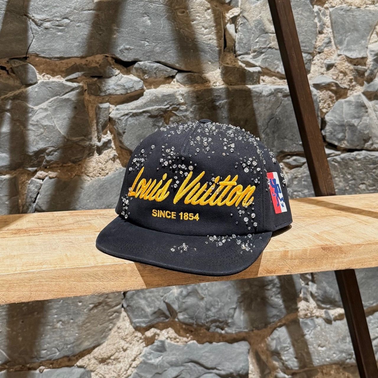 Pre-owned Louis Vuitton X Virgil Abloh Lv X Virgil Abloh Black Logo Script Swarovski Crystals Cap