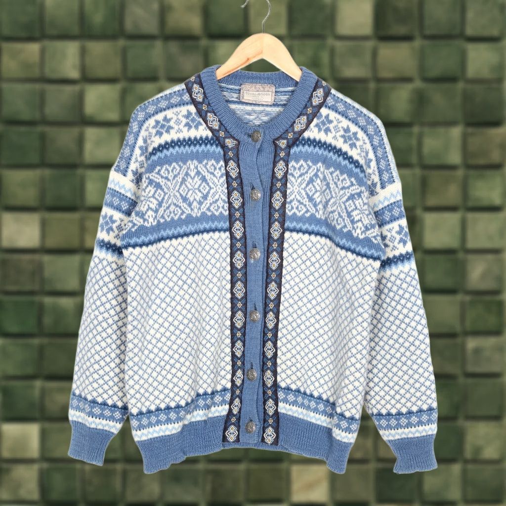 Vintage VINTAGE NORLANDER Cardigan Wool Fair Isle Knit Wool Cardigan Women M Blue 90s Style Mens Womens Size M / US 6-8 / IT 42-44 - 1 Thumbnail