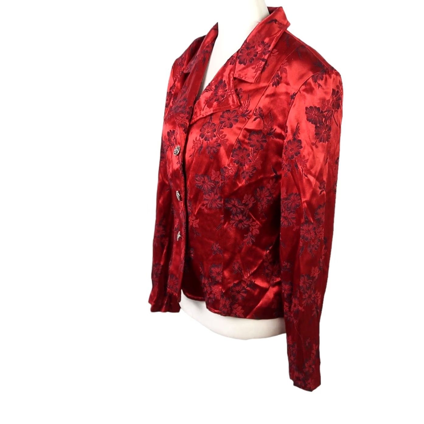 Vintage VINTAGE 90s Dawn Joy Blazer Jacket Floral Satin Red Women's 12 Short Button Front Deep Red Satin 21" Measurements 90s Theme Girls Womens Size XL / US 12-14 / IT 48-50 - 3 Thumbnail