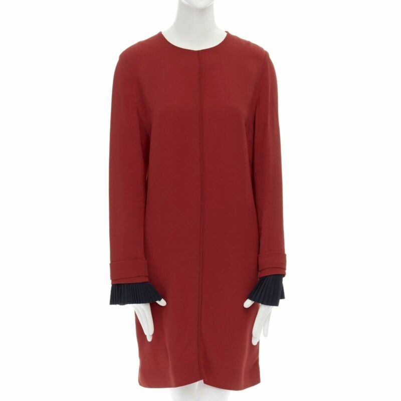 Victoria Beckham VVB VICTORIA BECKHAM red crepe navy pleated cuff long sleeves dress UK10 M Size M / US 6-8 / IT 42-44 - 1 Thumbnail