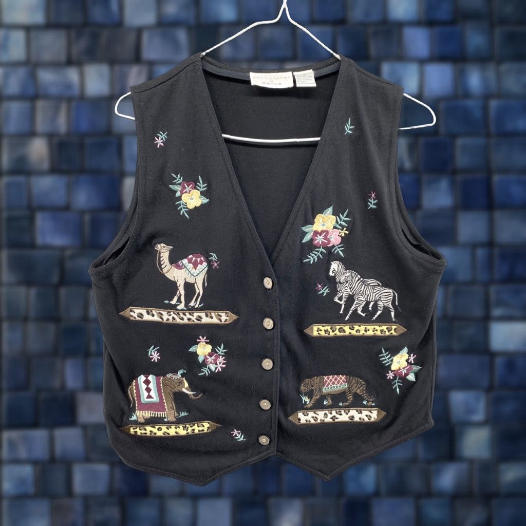 Vintage Christopher & Banks Women’s Button-Up Vest Embroidered Zoo Animals Size Small Black Size S / US 4 / IT 40 - 1 Thumbnail