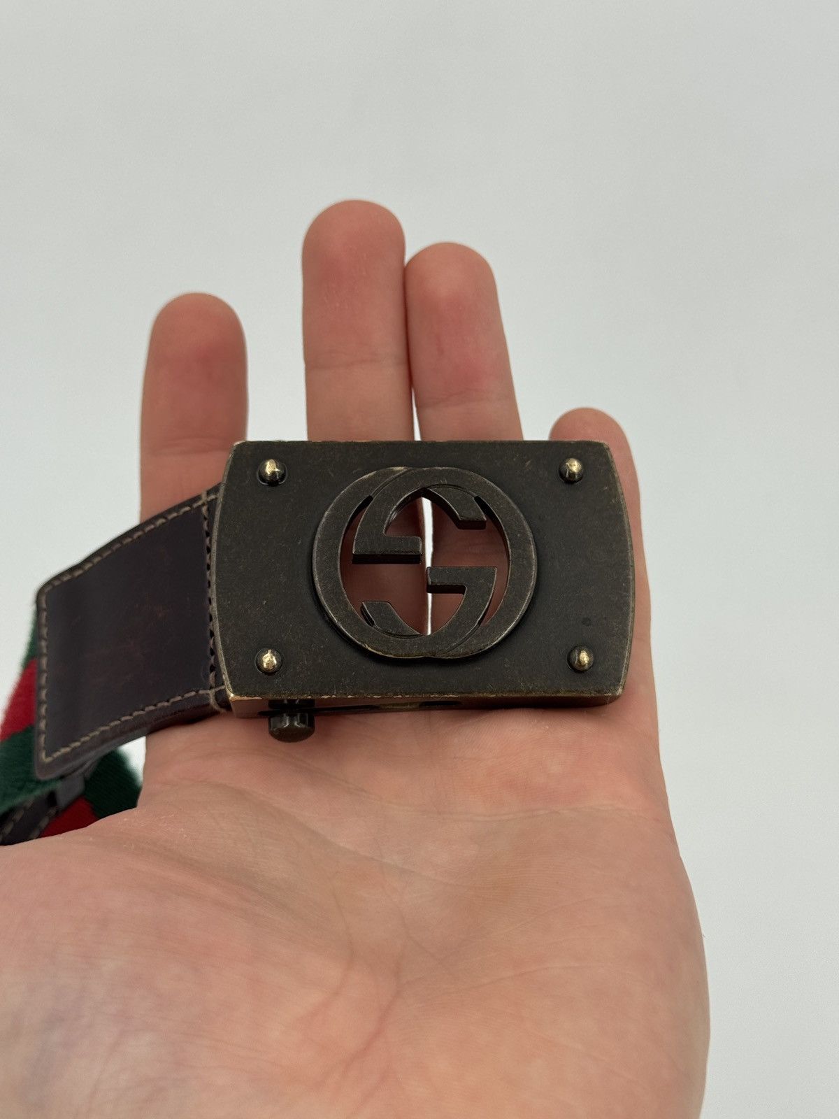 Gucci Gucci Web Green/Red Canvas Belt with Antique Interlocking G Size ONE SIZE - 4 Thumbnail