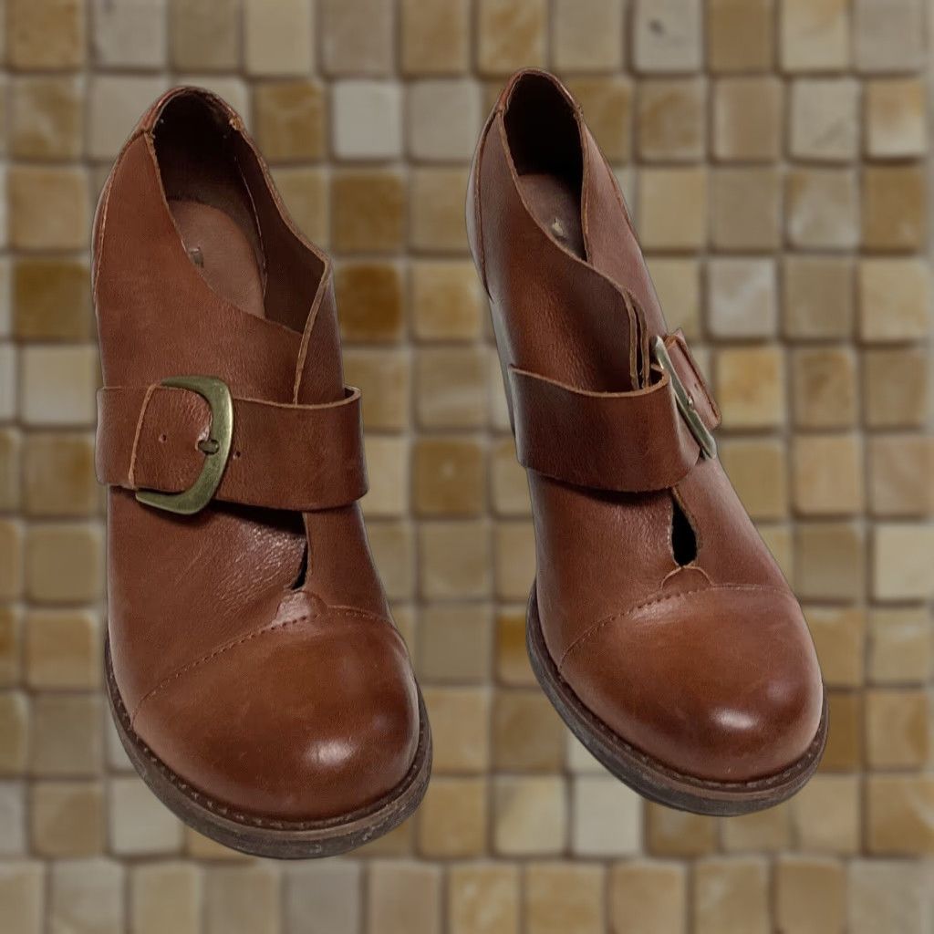 Vintage Kork-Ease Women's Leather Ankle Boots Size 9 Brown Monk Strap Buckle Block Heel Shoes Booties