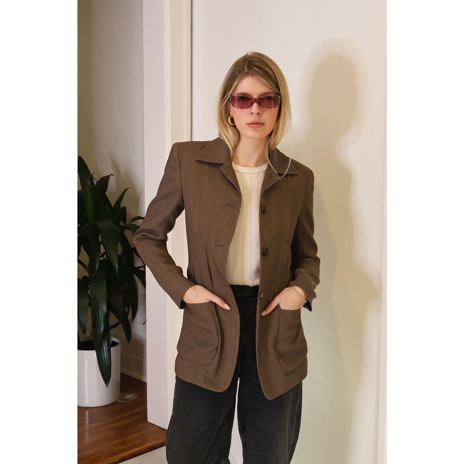 image of Vintage Richard Tyler 1990S Brown Pinstripe Blazer, Women's (Size Small)