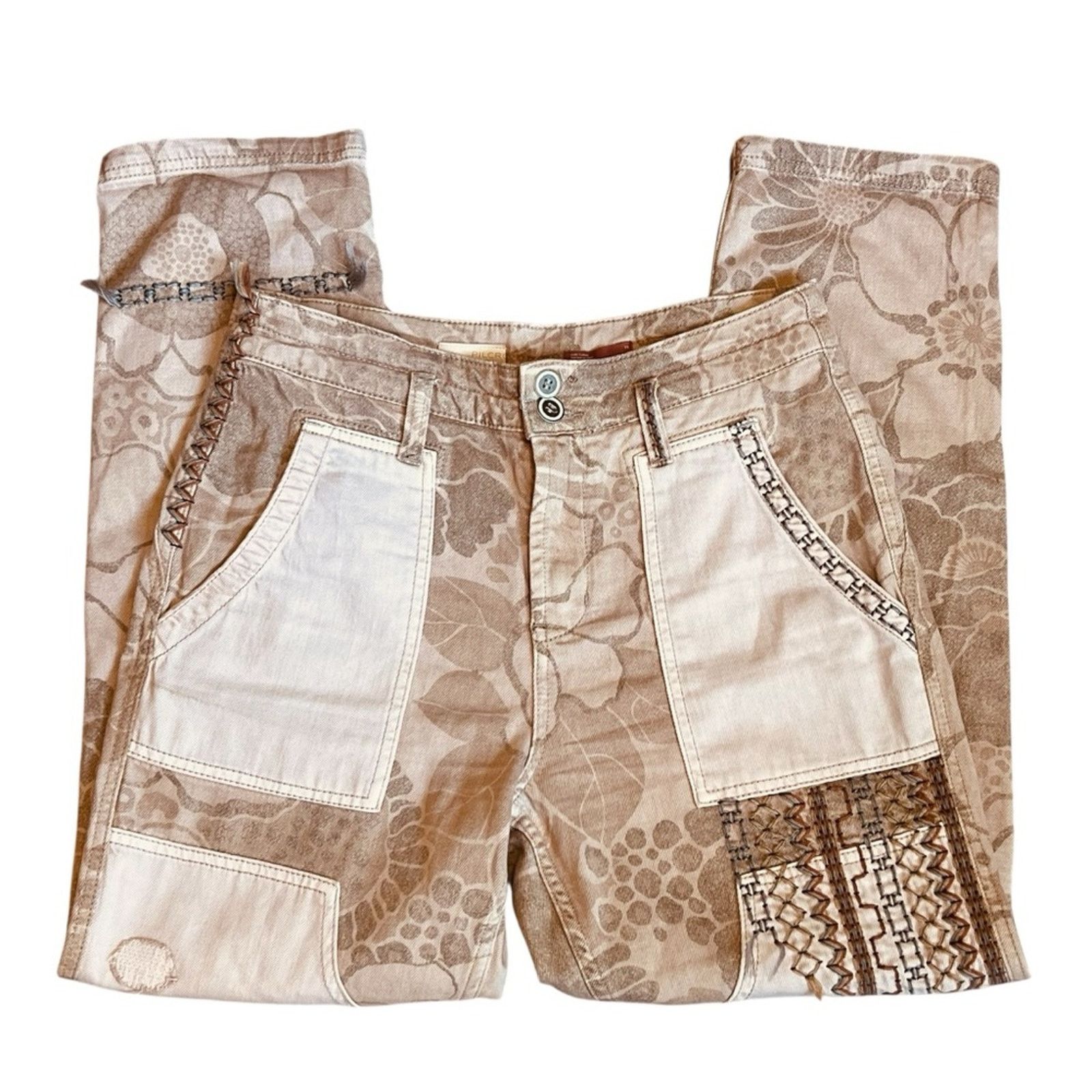 Anthropologie Pilcro Anthropologie Sz 29 Tan Patchwork Embroidered Pants Size 29" - 4 Thumbnail