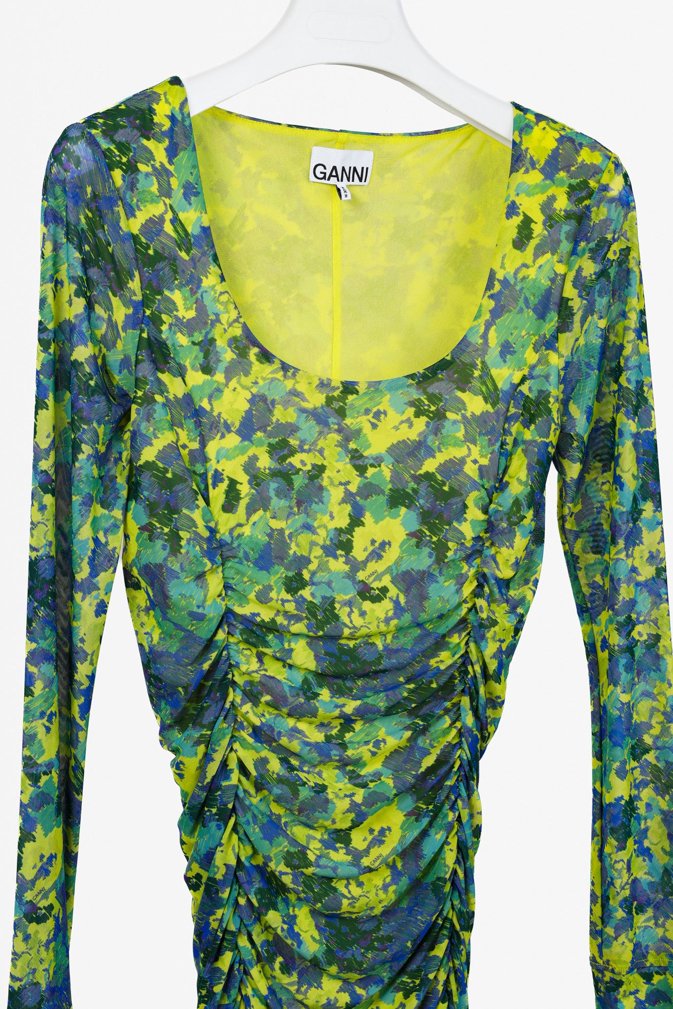 Ganni Ganni Green Ruched Printed Mesh Midi Dress Size S / US 4 / IT 40 - 3 Thumbnail